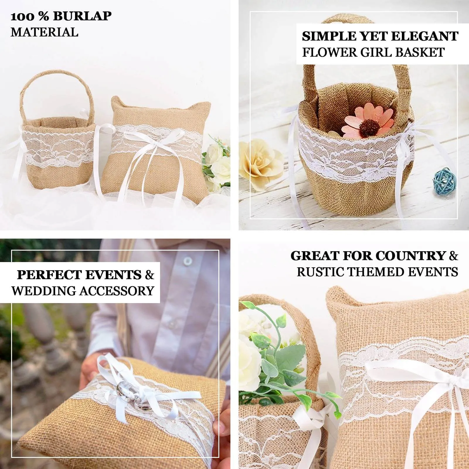 1 Set Natural Burlap and Lace Flower Girl Petal Basket and Ring Bearer Pillow Wedding Set