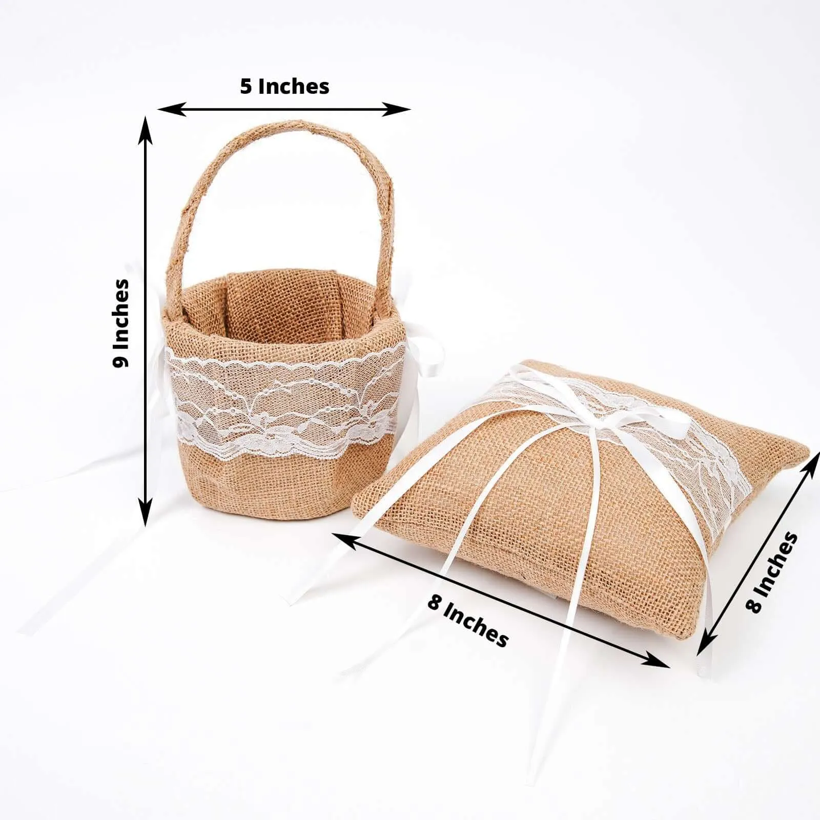 1 Set Natural Burlap and Lace Flower Girl Petal Basket and Ring Bearer Pillow Wedding Set