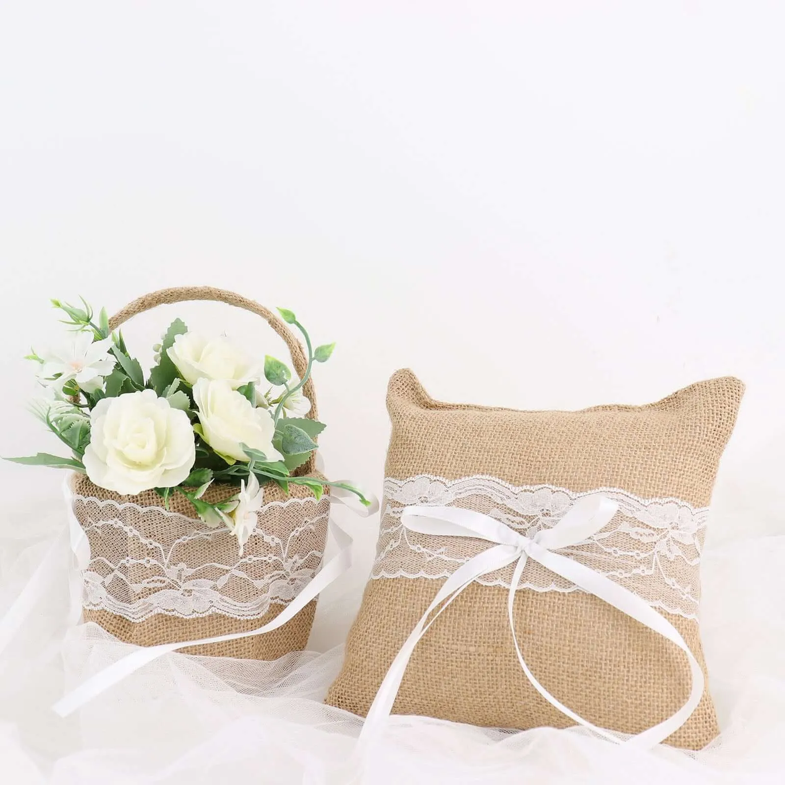 1 Set Natural Burlap and Lace Flower Girl Petal Basket and Ring Bearer Pillow Wedding Set