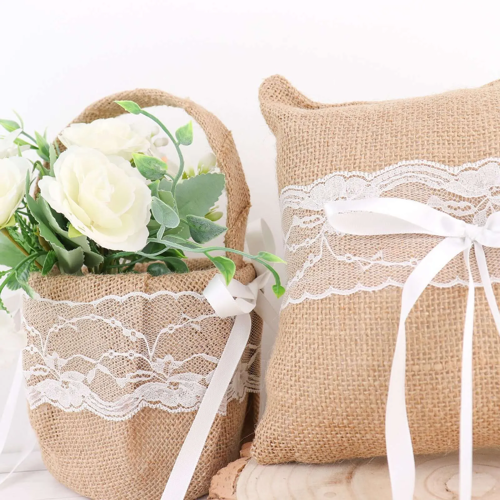 1 Set Natural Burlap and Lace Flower Girl Petal Basket and Ring Bearer Pillow Wedding Set