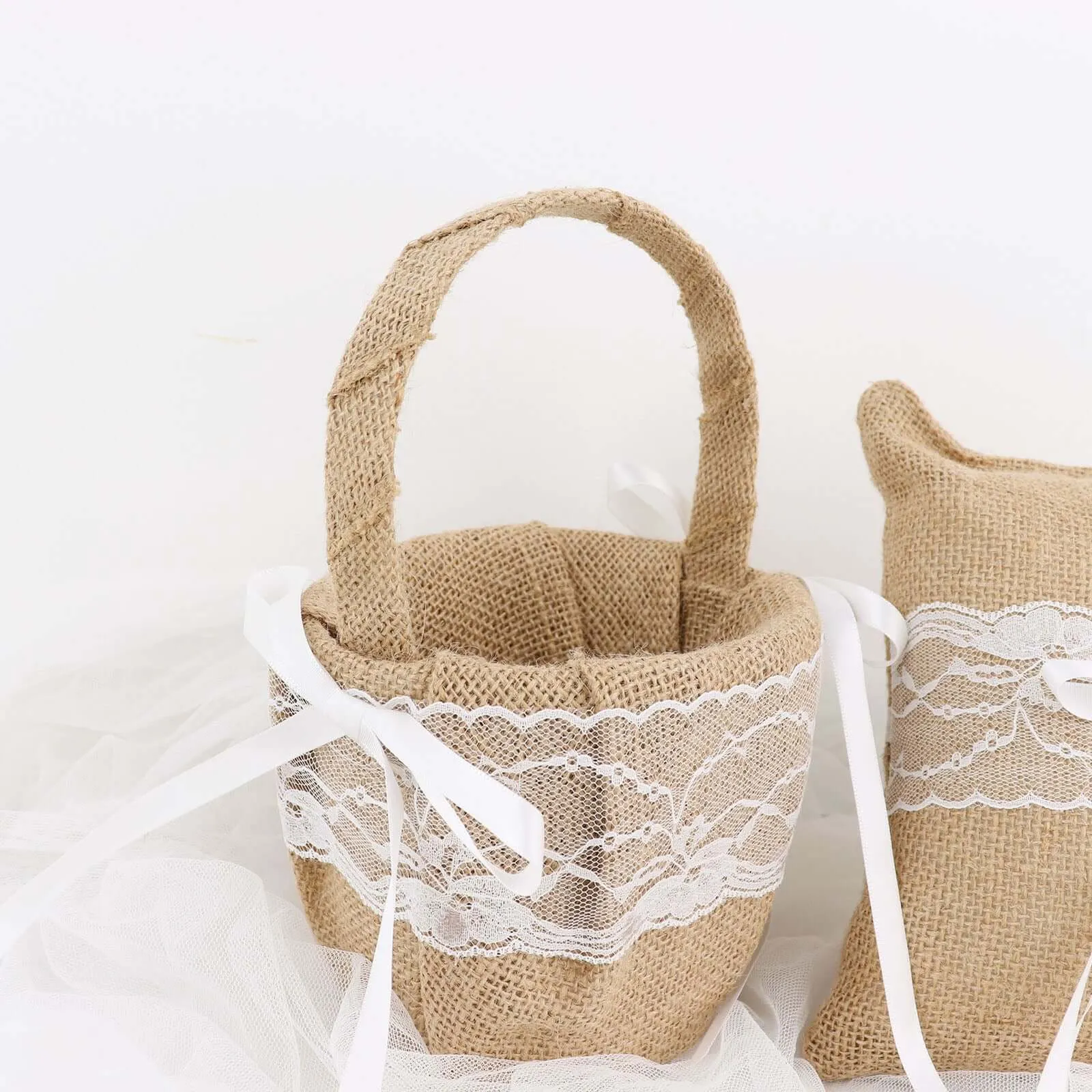 1 Set Natural Burlap and Lace Flower Girl Petal Basket and Ring Bearer Pillow Wedding Set