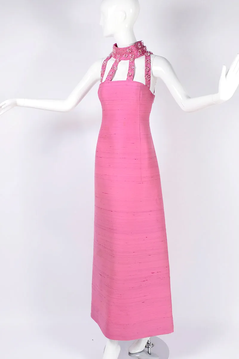 1966 Pierre Cardin Pink Silk Evening Gown With Cutwork and Jeweled Neck