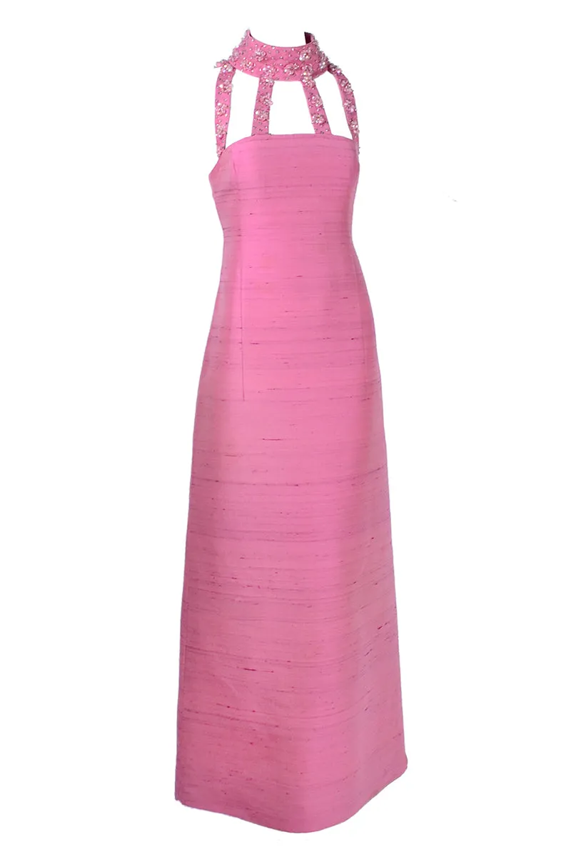 1966 Pierre Cardin Pink Silk Evening Gown With Cutwork and Jeweled Neck