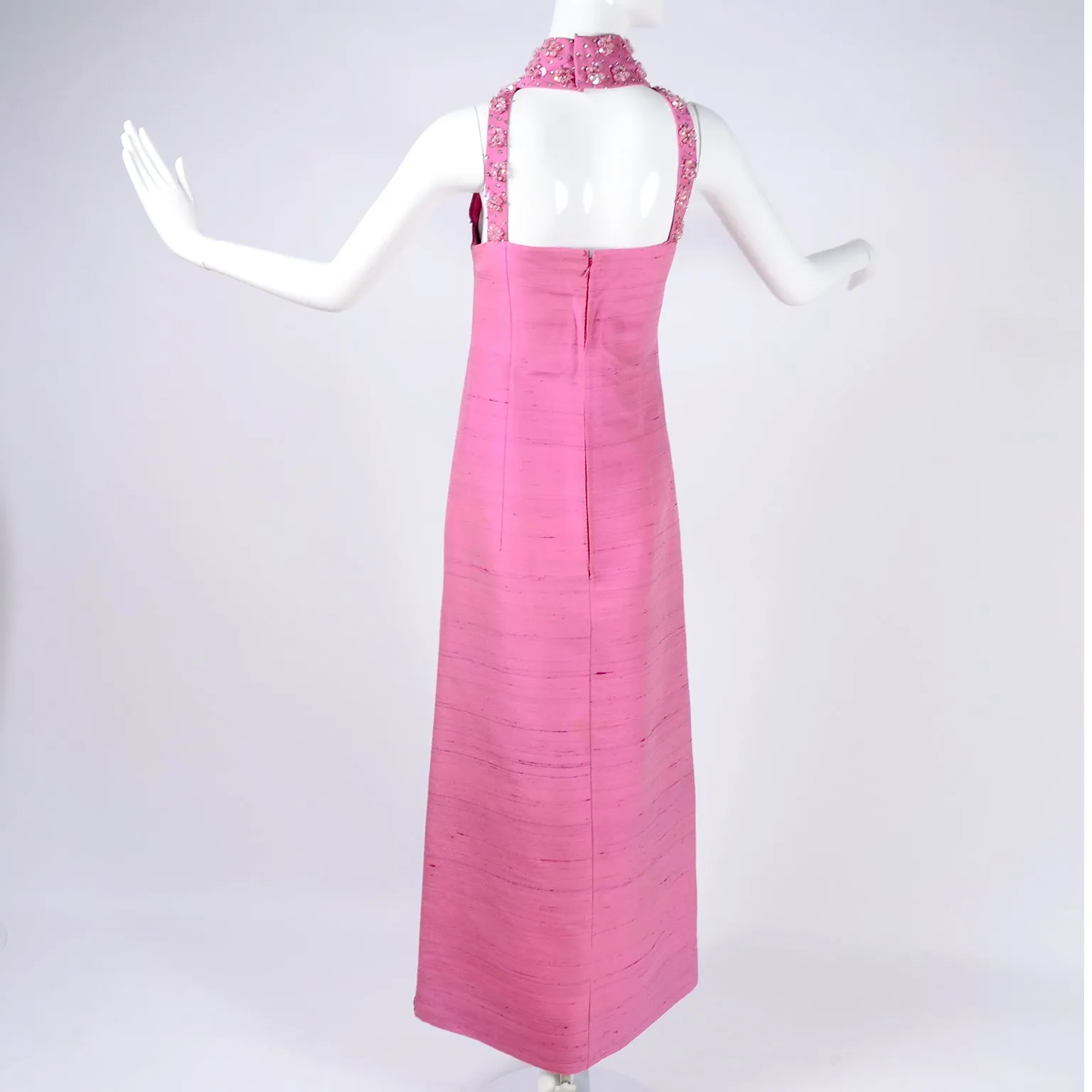 1966 Pierre Cardin Pink Silk Evening Gown With Cutwork and Jeweled Neck