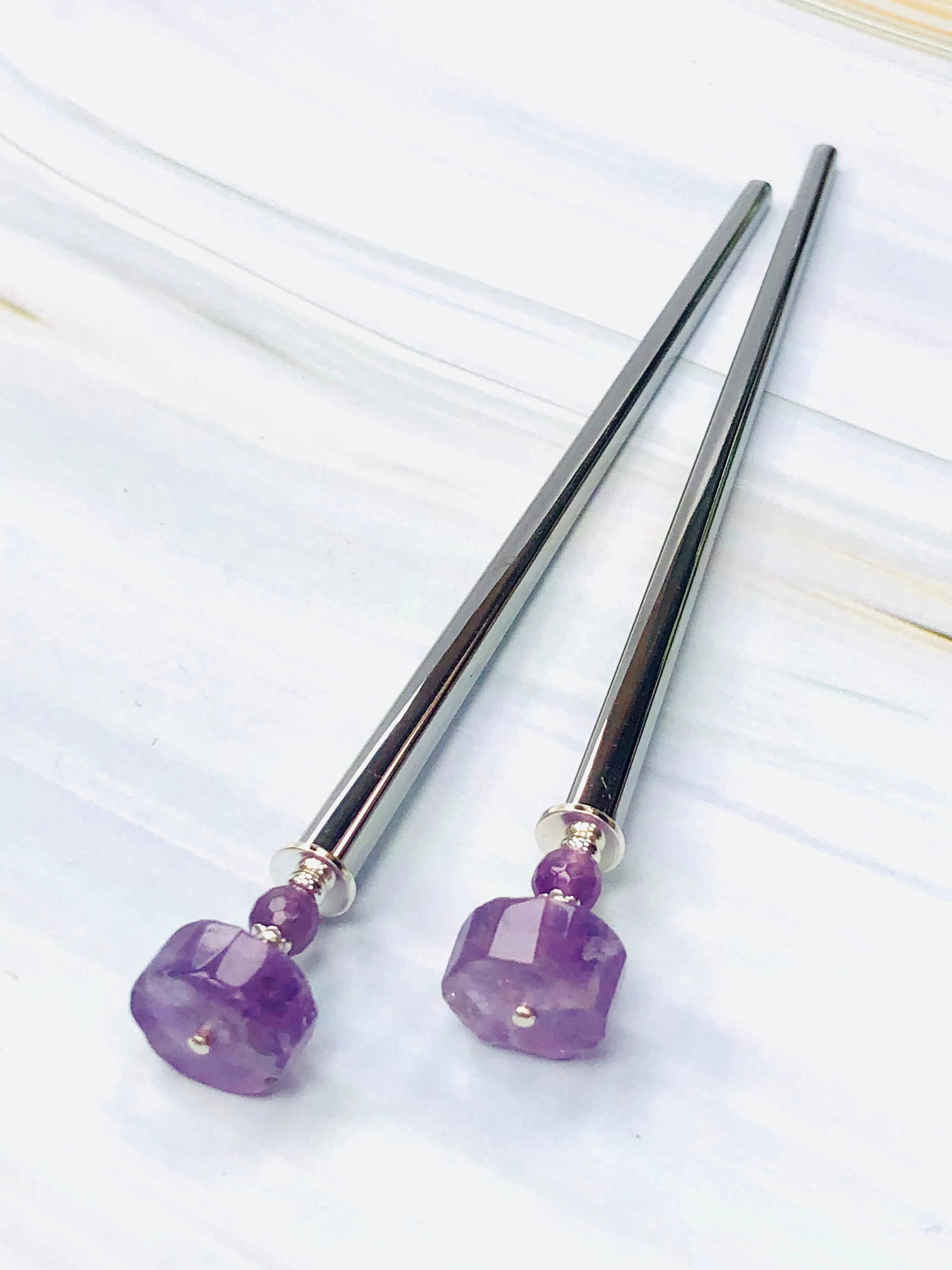 Amethyst Gemstone Hair Sticks, Luxury Silver Hair Pins, gemstone shawl pins