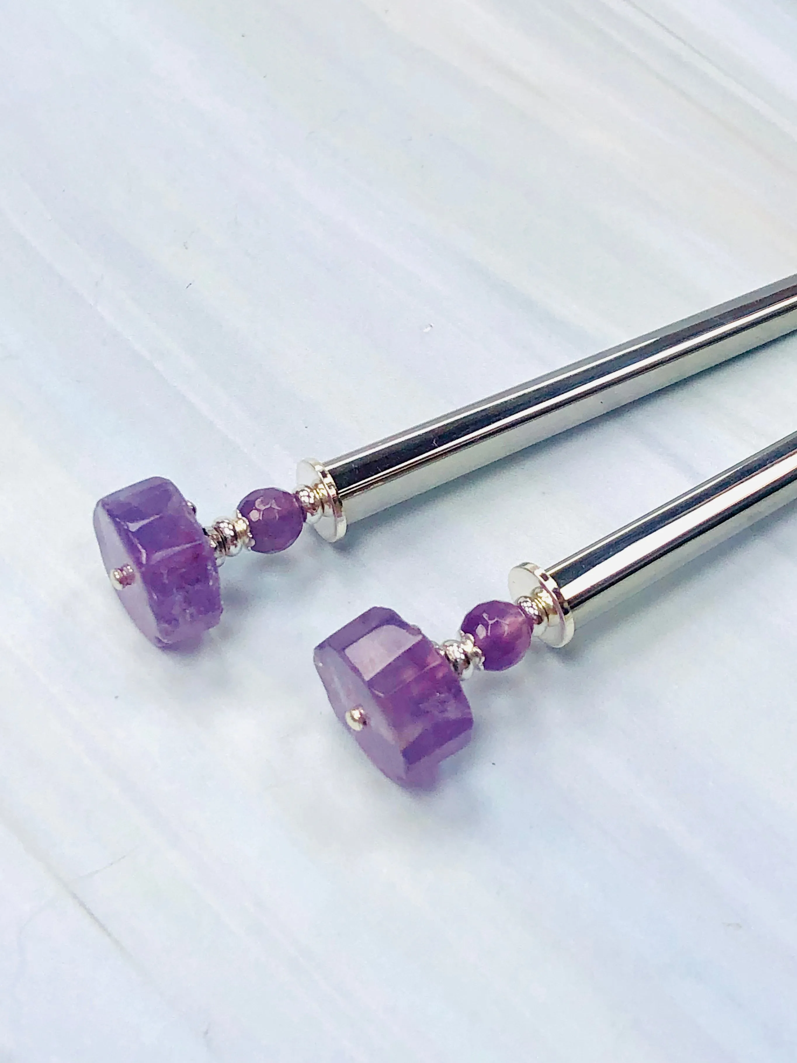 Amethyst Gemstone Hair Sticks, Luxury Silver Hair Pins, gemstone shawl pins