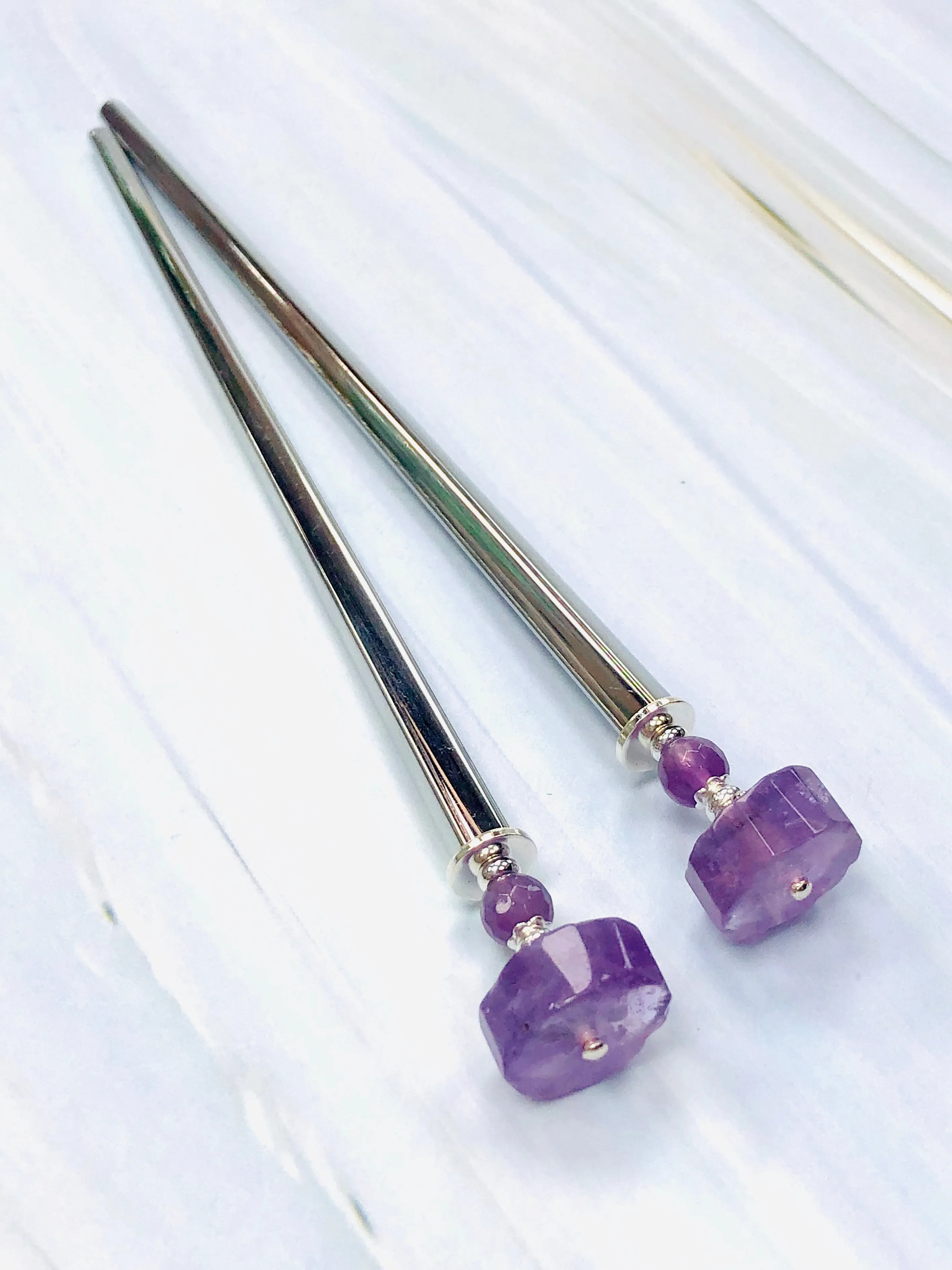 Amethyst Gemstone Hair Sticks, Luxury Silver Hair Pins, gemstone shawl pins