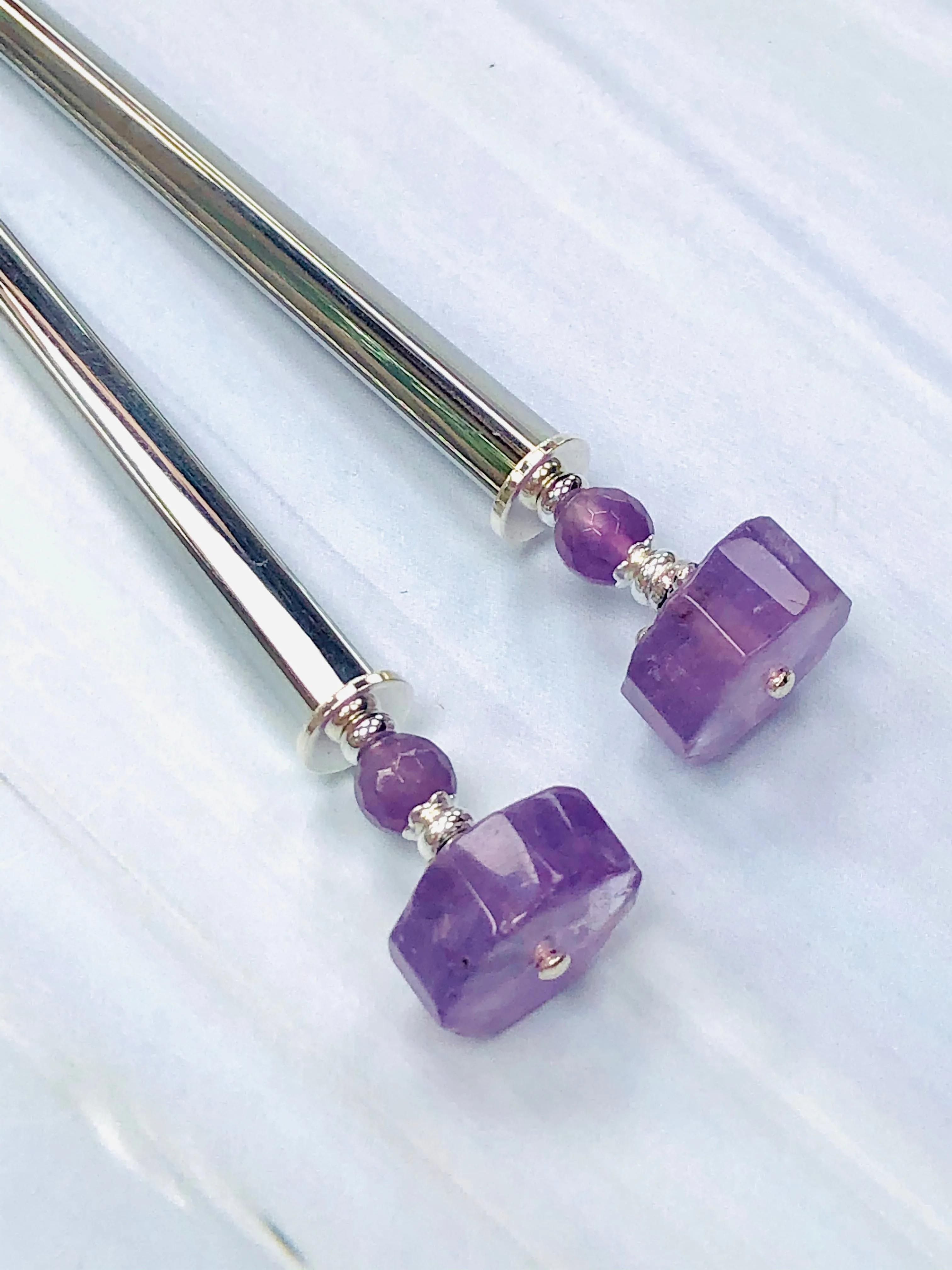 Amethyst Gemstone Hair Sticks, Luxury Silver Hair Pins, gemstone shawl pins