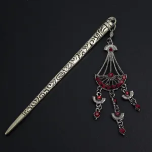 Antique Style Silver-Plated Hair Stick w/ Rhinestone Tassel Red