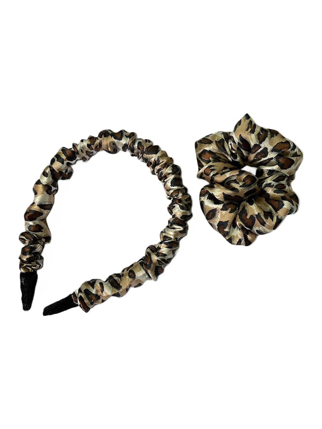 Ayesha Set Of Two Leopard Animal Printed Satin Scrunchie Hair Tie & Hair Band