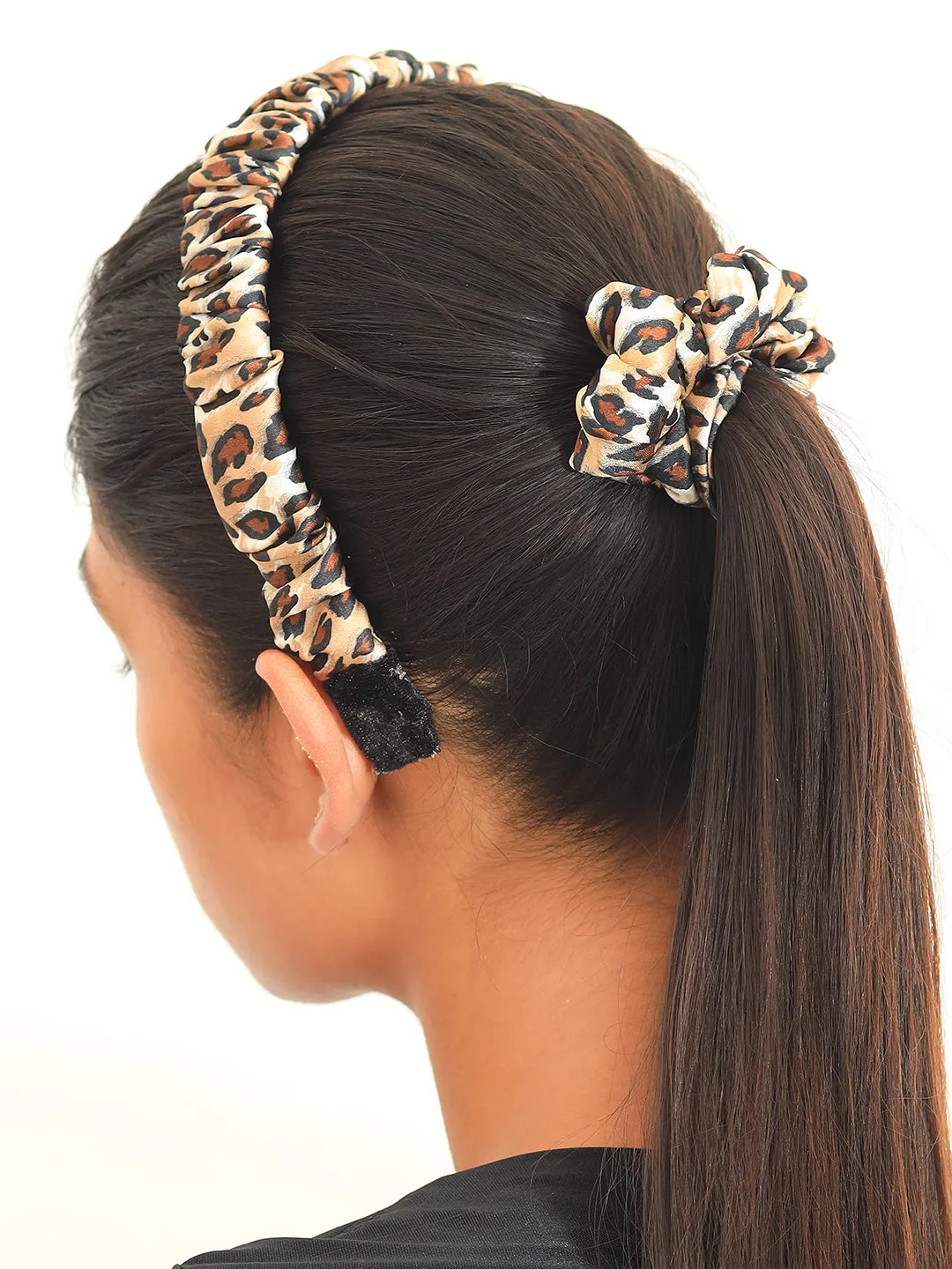 Ayesha Set Of Two Leopard Animal Printed Satin Scrunchie Hair Tie & Hair Band