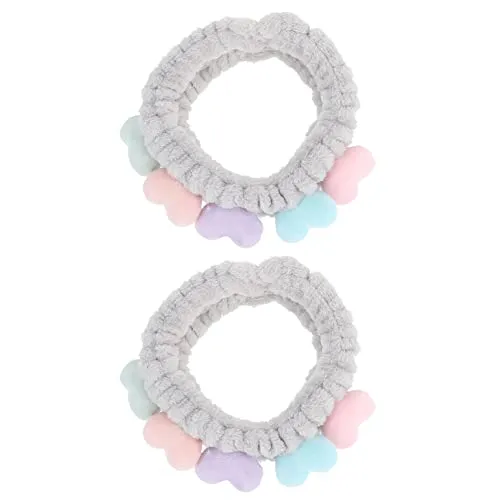 Beaupretty 2pcs Plush Spa Headband Cute Heart Coral Fleece Makeup Headband Soft Elastic Head Wrap Cosmetic Bow Hair Bands Women Facial Hair Scrunchies for Shower (Grey)