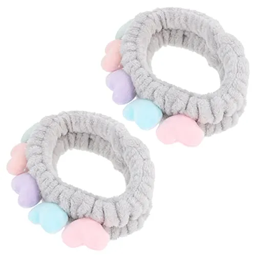 Beaupretty 2pcs Plush Spa Headband Cute Heart Coral Fleece Makeup Headband Soft Elastic Head Wrap Cosmetic Bow Hair Bands Women Facial Hair Scrunchies for Shower (Grey)