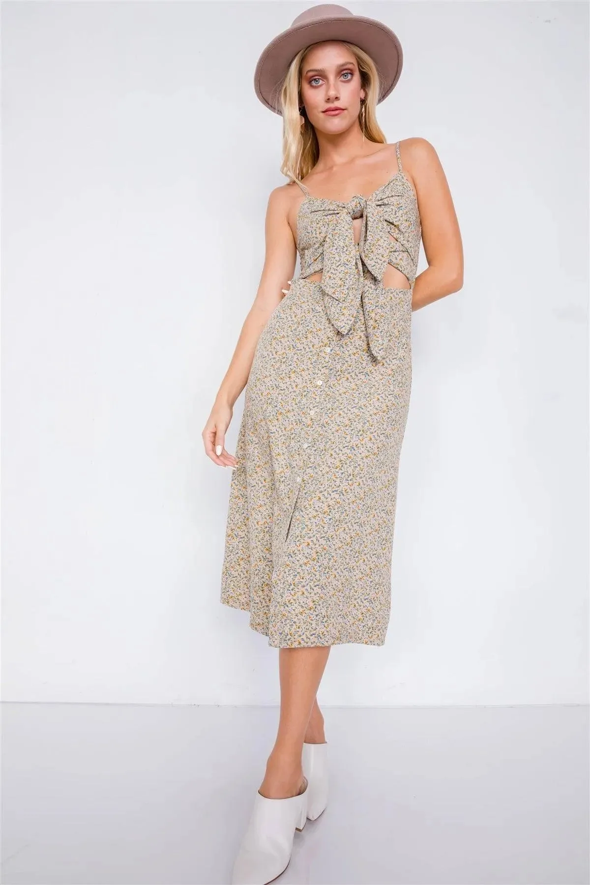 Beige Minimalist Floral Print Center Cut Out Chic Midi Dress /3-2-1