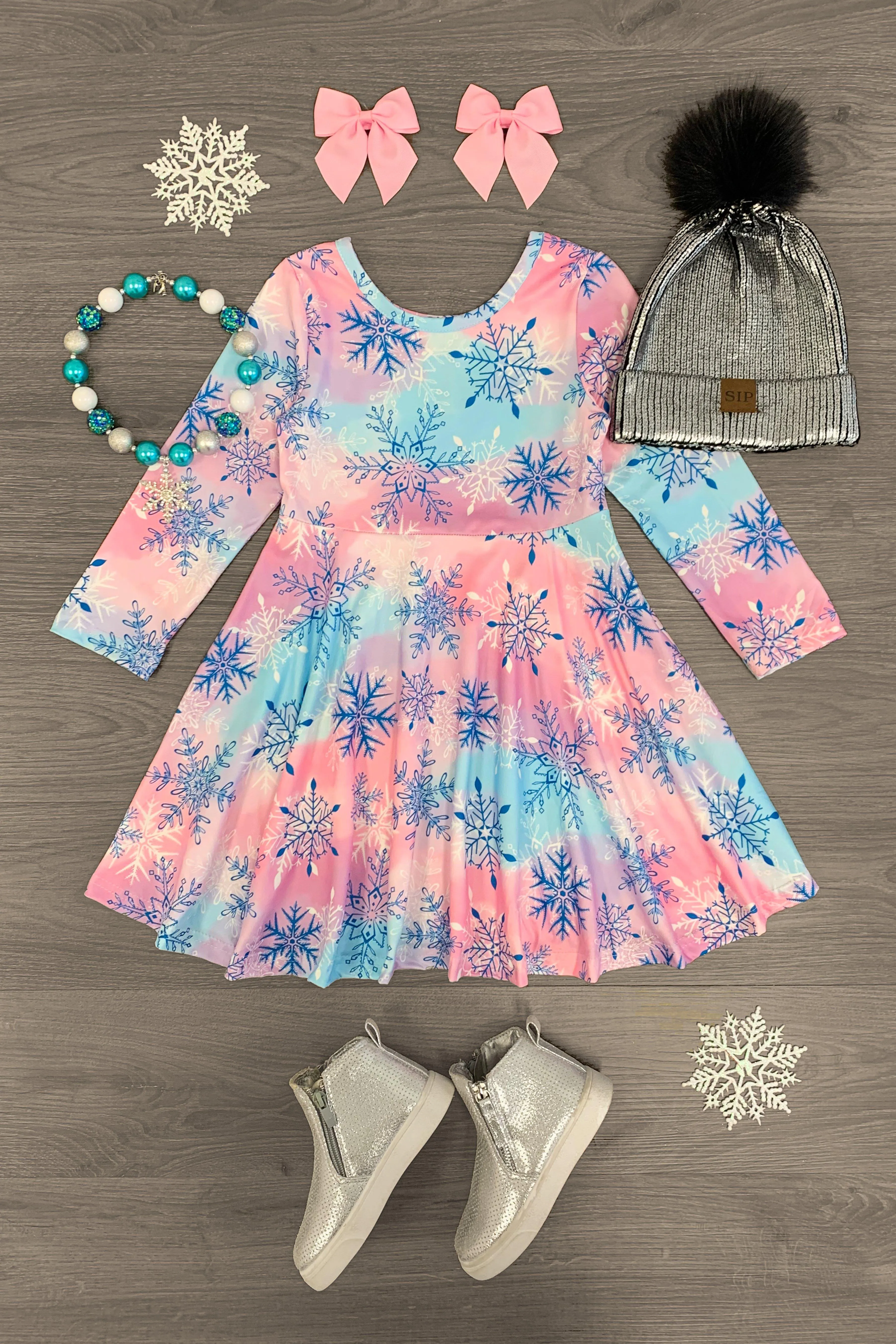 Blue & Pink Tie Dye Snowflake Dress