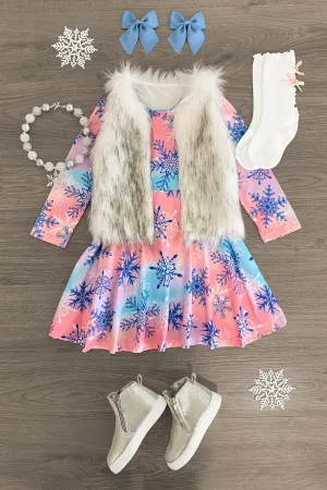 Blue & Pink Tie Dye Snowflake Dress