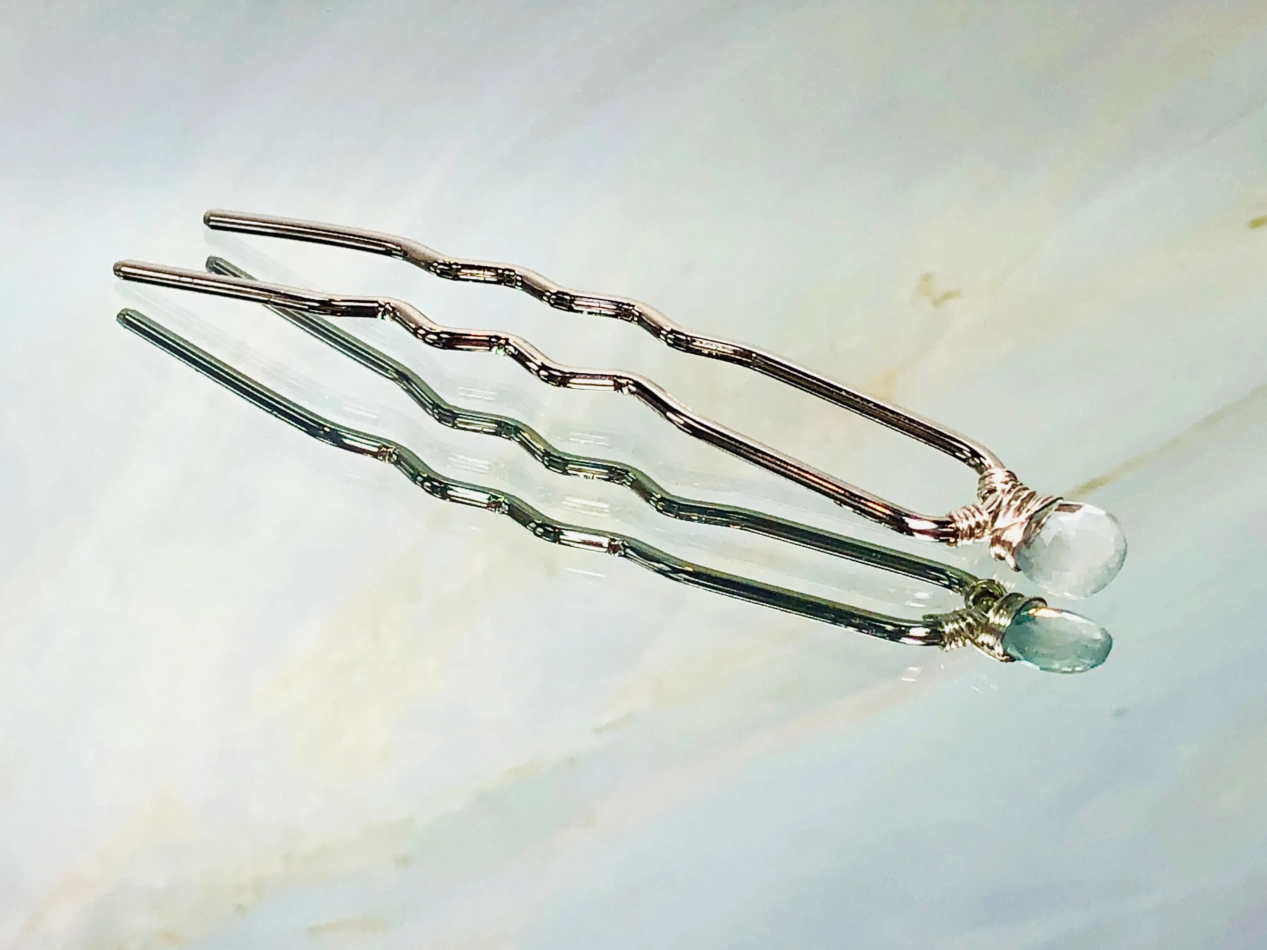 Blue Topaz Silver Gemstone Hair Pin, Luxury Hair Pin, silver metal hair pin