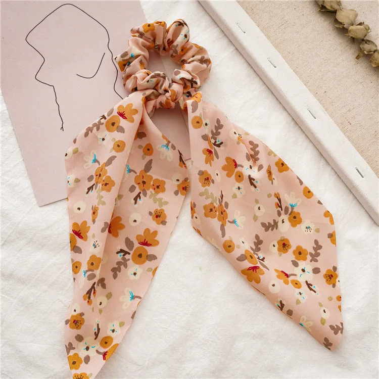 Chiffon Floral Printed Elastic Hair Ponytail Scarf Bow Scrunchies