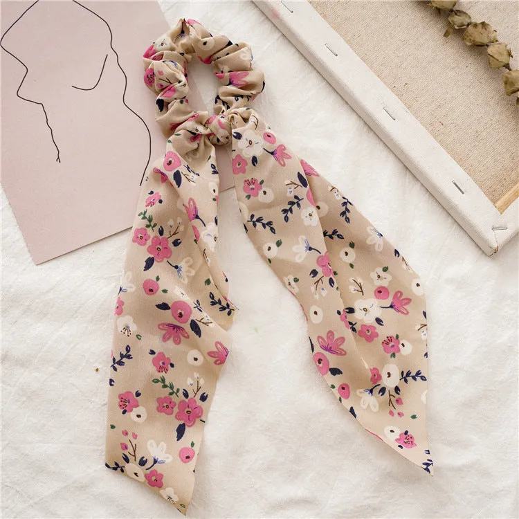 Chiffon Floral Printed Elastic Hair Ponytail Scarf Bow Scrunchies