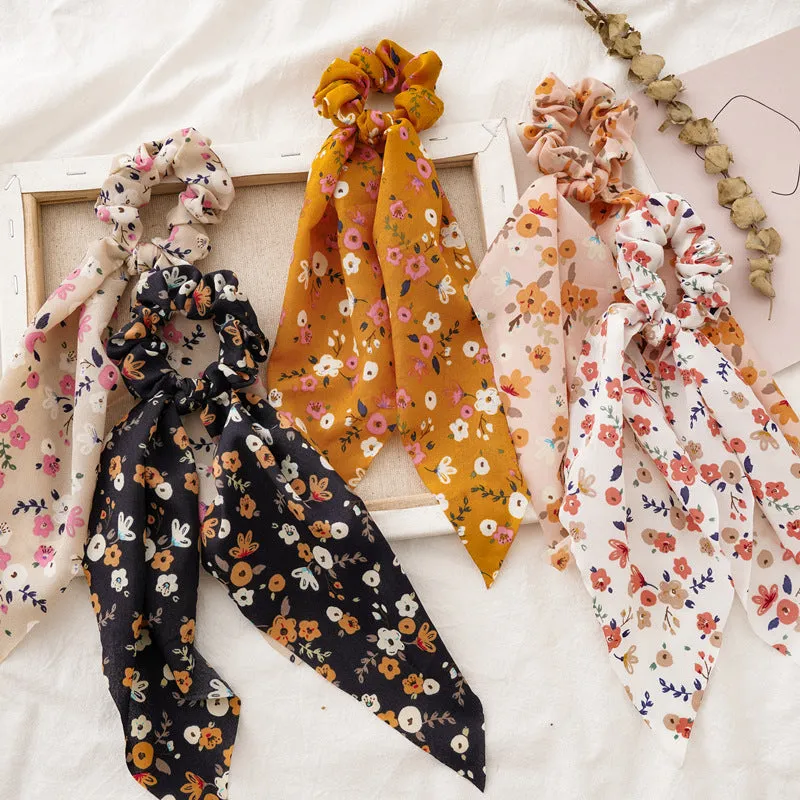 Chiffon Floral Printed Elastic Hair Ponytail Scarf Bow Scrunchies