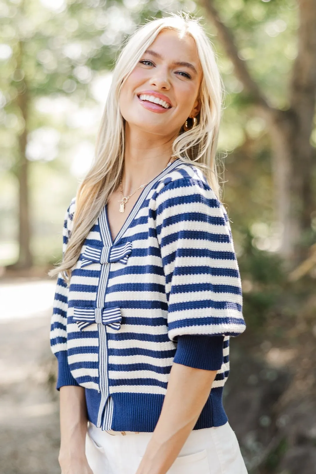 Coast On By Navy Blue Striped Cardigan