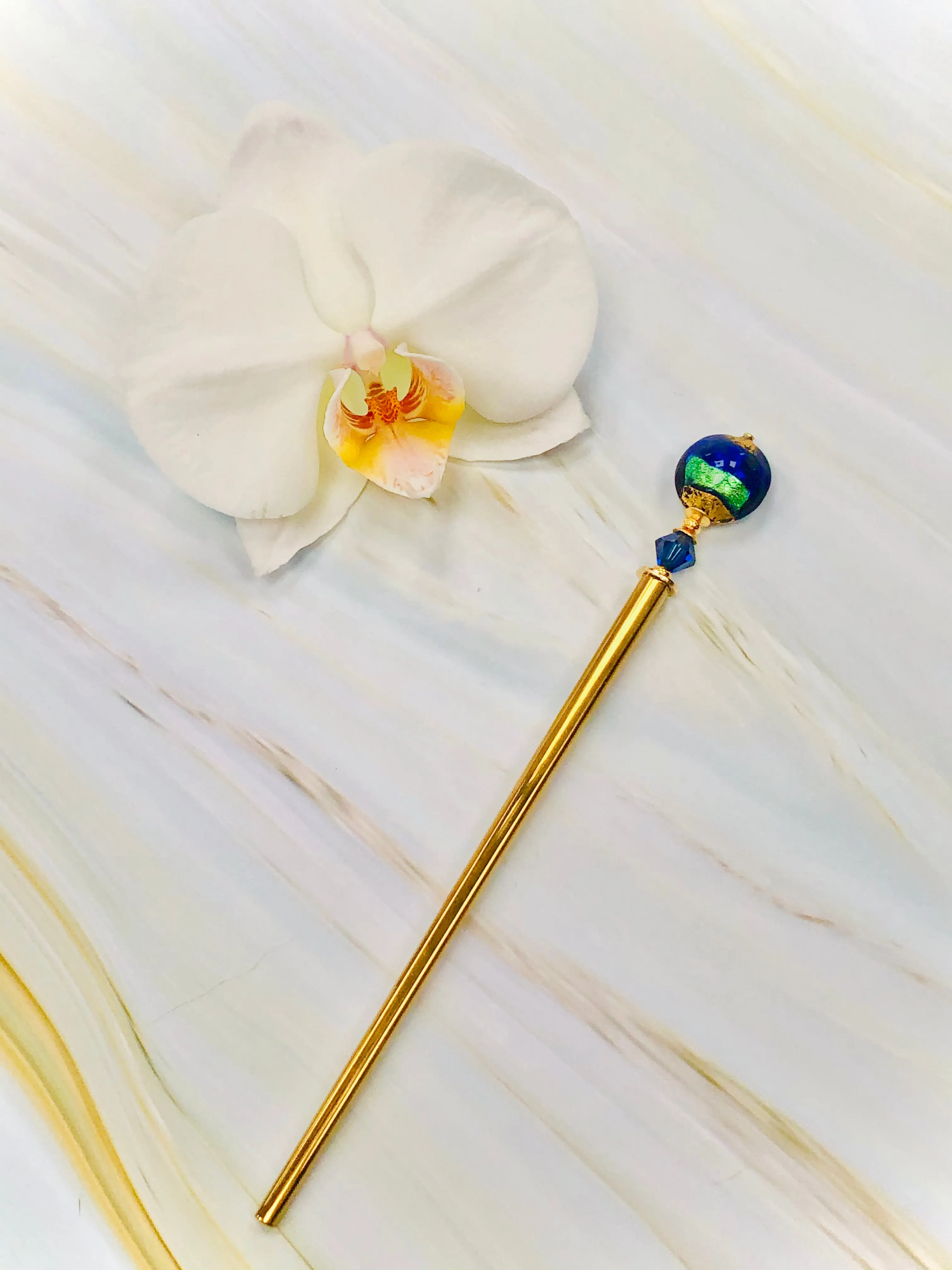 Cobalt Venetian 24k gold Art glass hair stick, gold hair pin, shawl pin, sweater pin