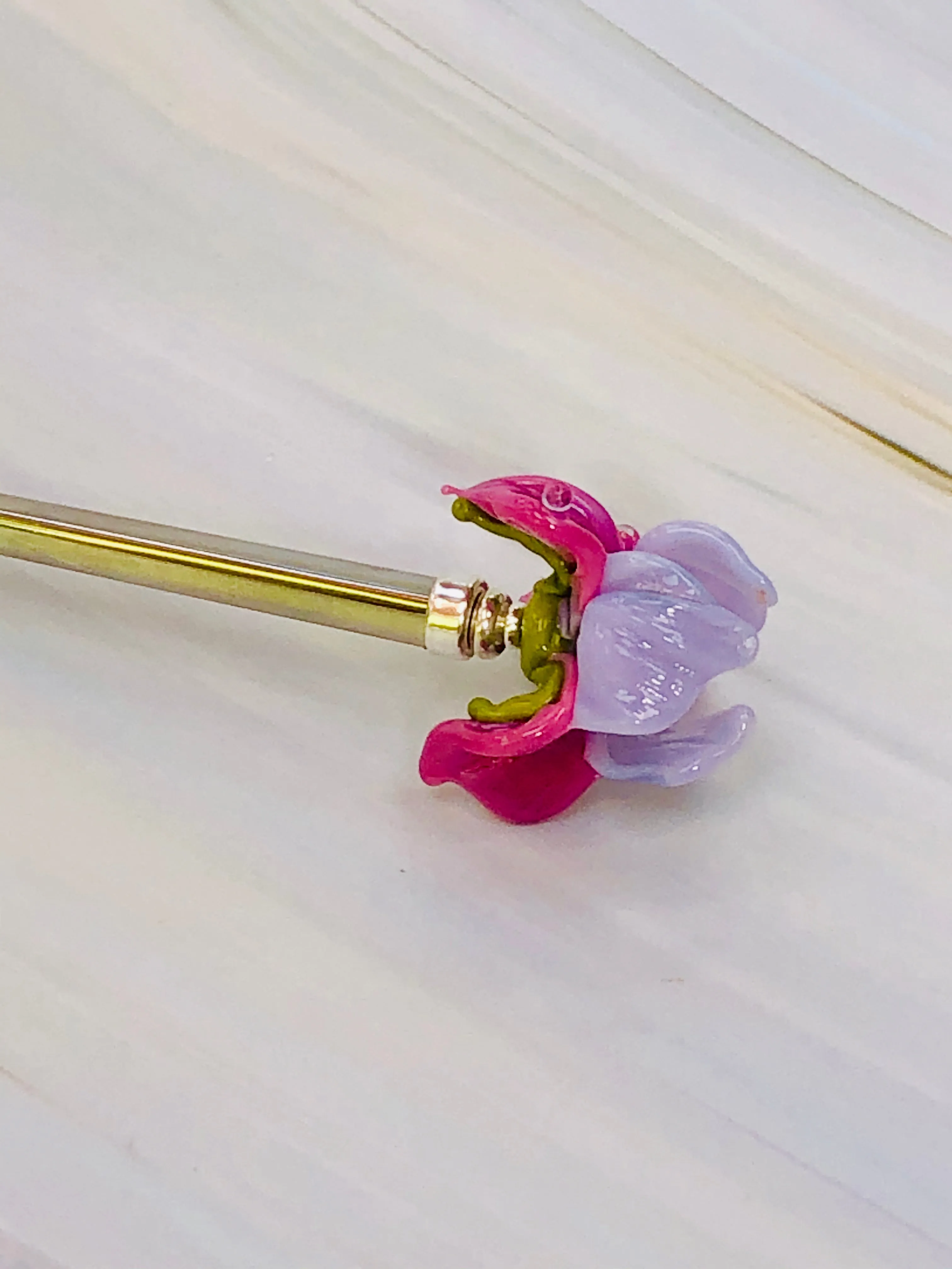 Elegant Art Glass Iris Flower Luxury Silver Hair Stick, Sterling Silver