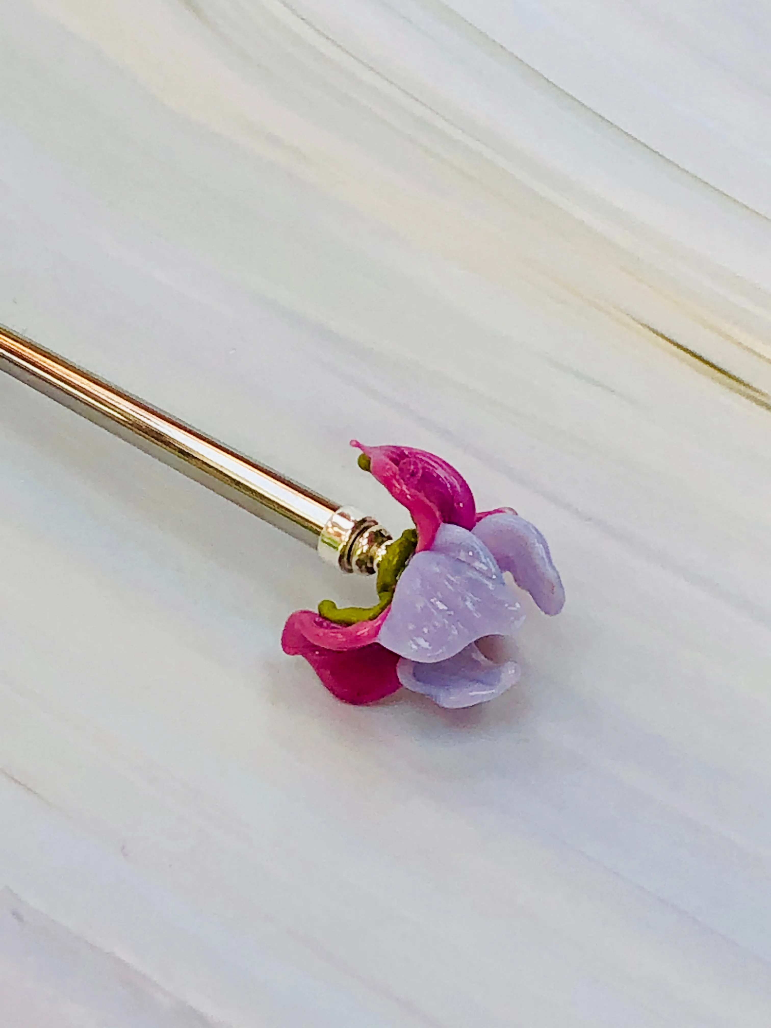 Elegant Art Glass Iris Flower Luxury Silver Hair Stick, Sterling Silver