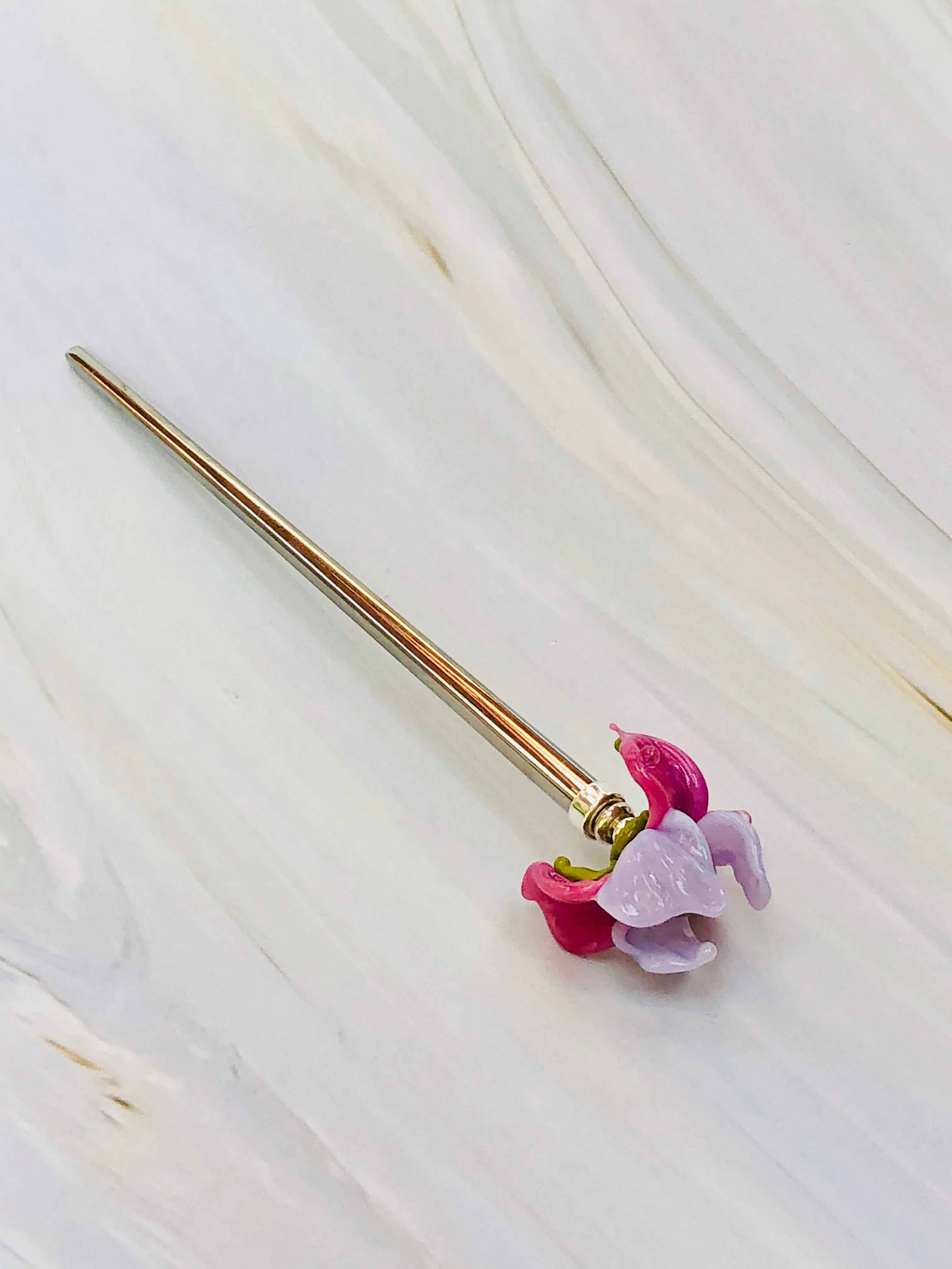 Elegant Art Glass Iris Flower Luxury Silver Hair Stick, Sterling Silver