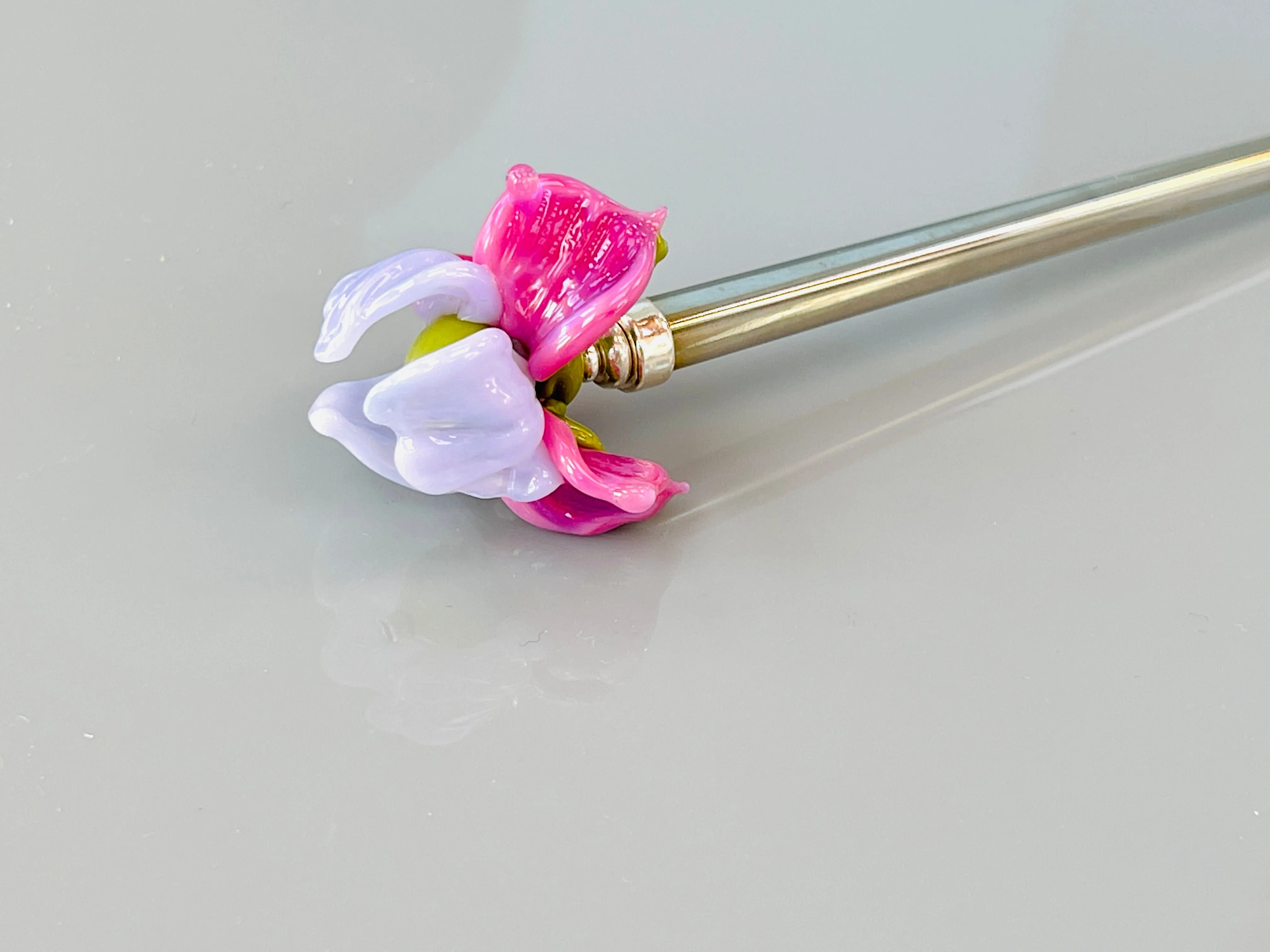 Elegant Art Glass Iris Flower Luxury Silver Hair Stick, Sterling Silver