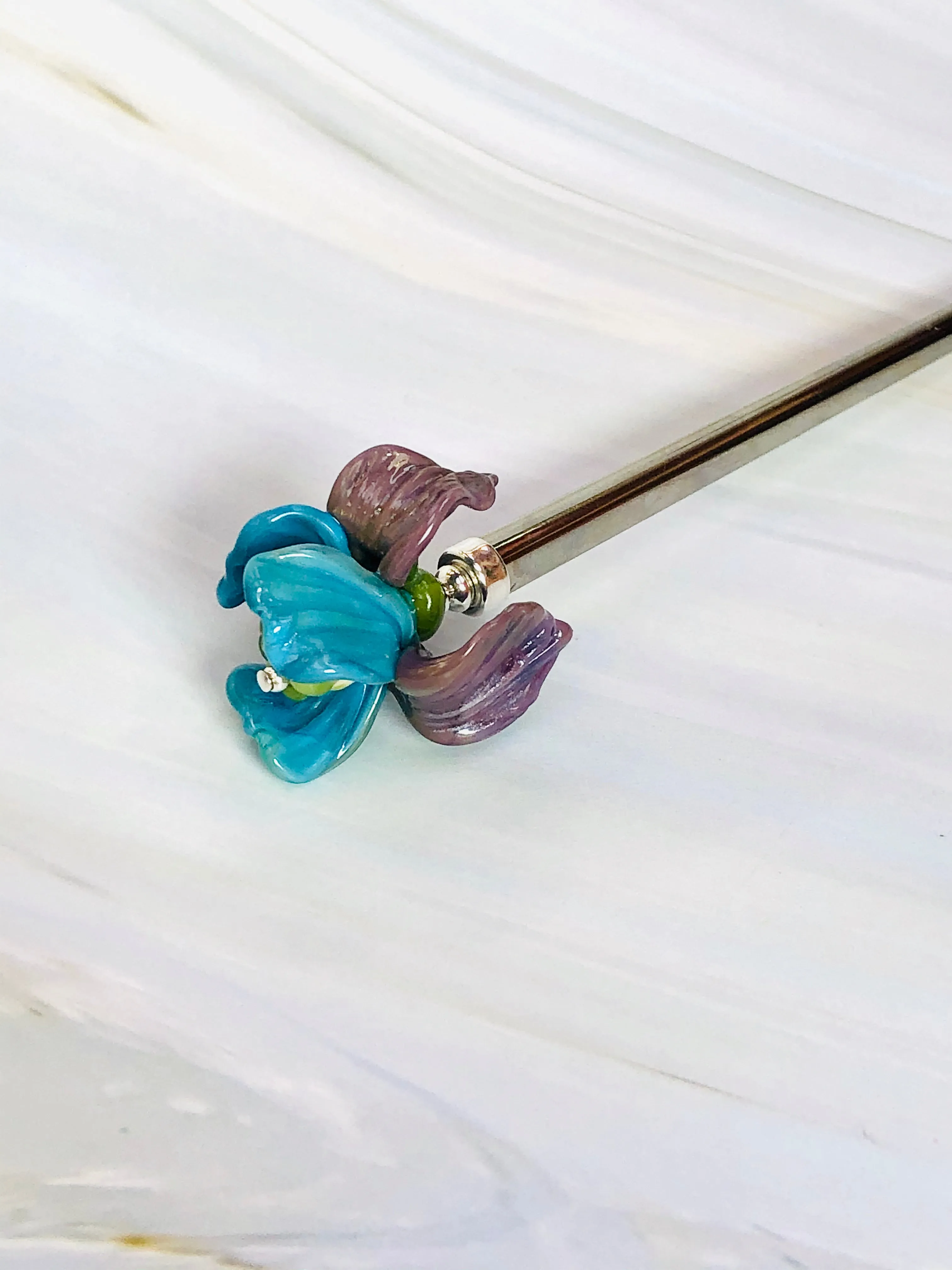 Elegant Art Glass Purple Iris Luxury Flower Hair Stick, Shawl Pin