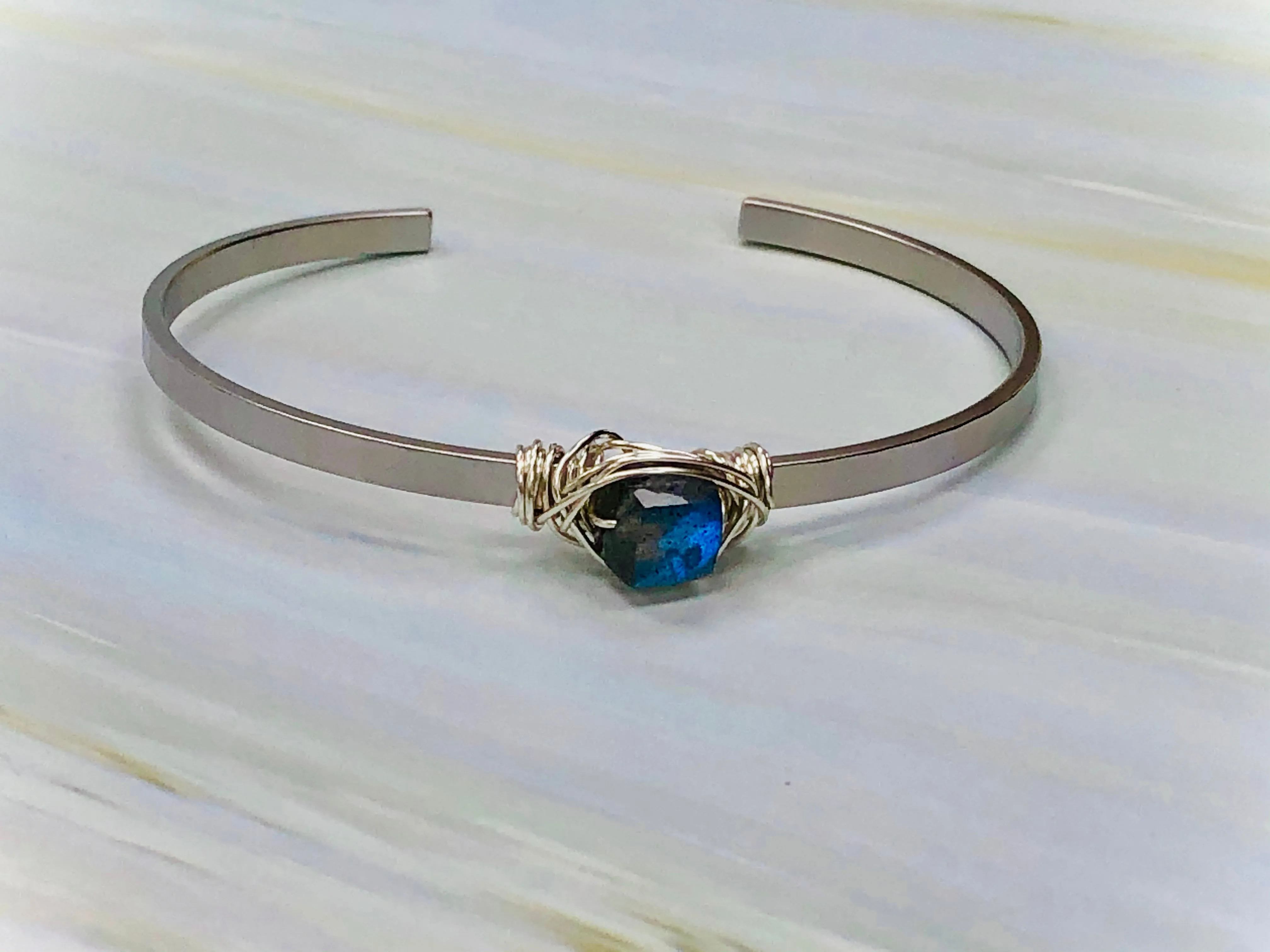 Faceted Cube Labradorite Cuff Bracelet Matte White Gold Gemstone Cuff Bracelet