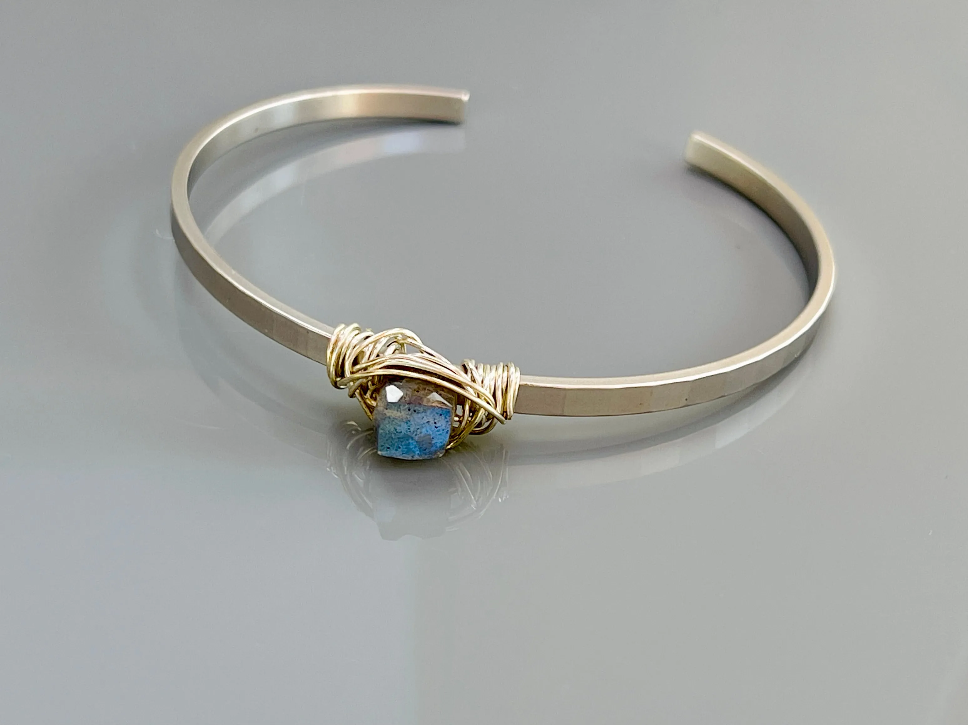 Faceted Cube Labradorite Cuff Bracelet Matte White Gold Gemstone Cuff Bracelet