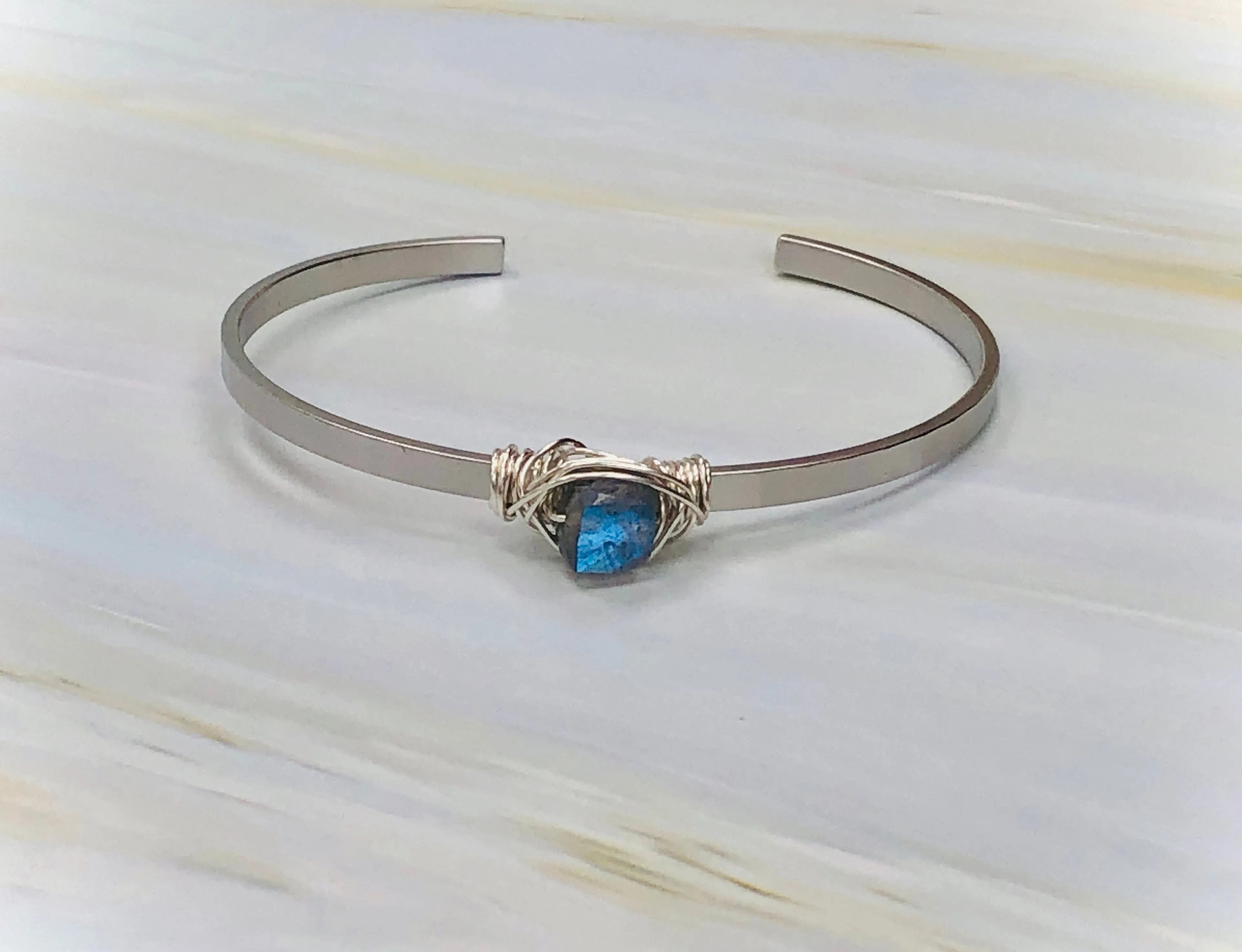 Faceted Cube Labradorite Cuff Bracelet Matte White Gold Gemstone Cuff Bracelet