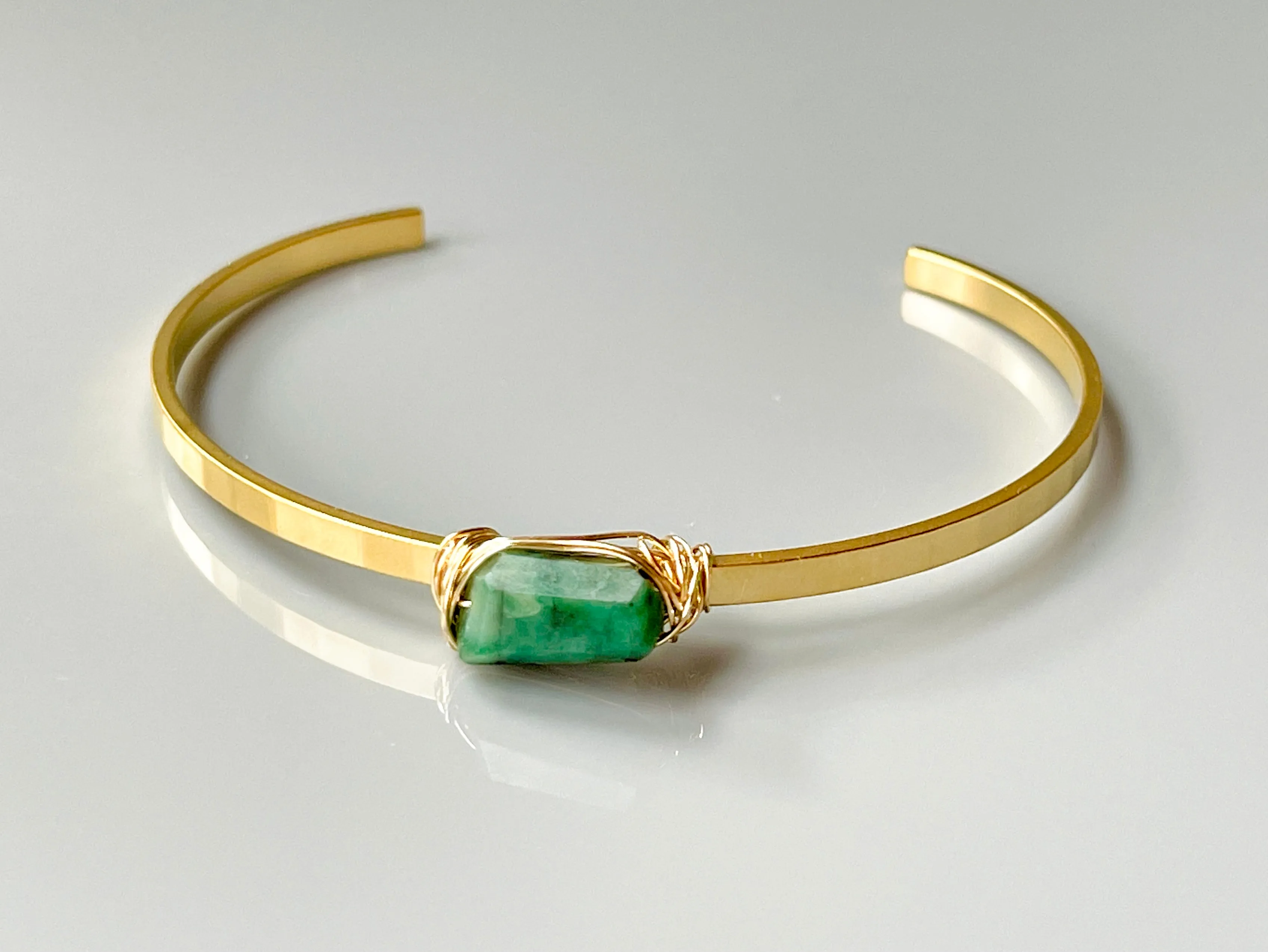 Genuine Emerald Cuff Bracelet Matte White Gold Gemstone Cuff Bracelet