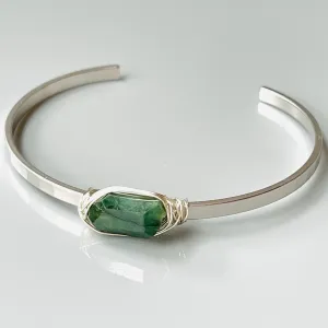 Genuine Emerald Cuff Bracelet Matte White Gold Gemstone Cuff Bracelet