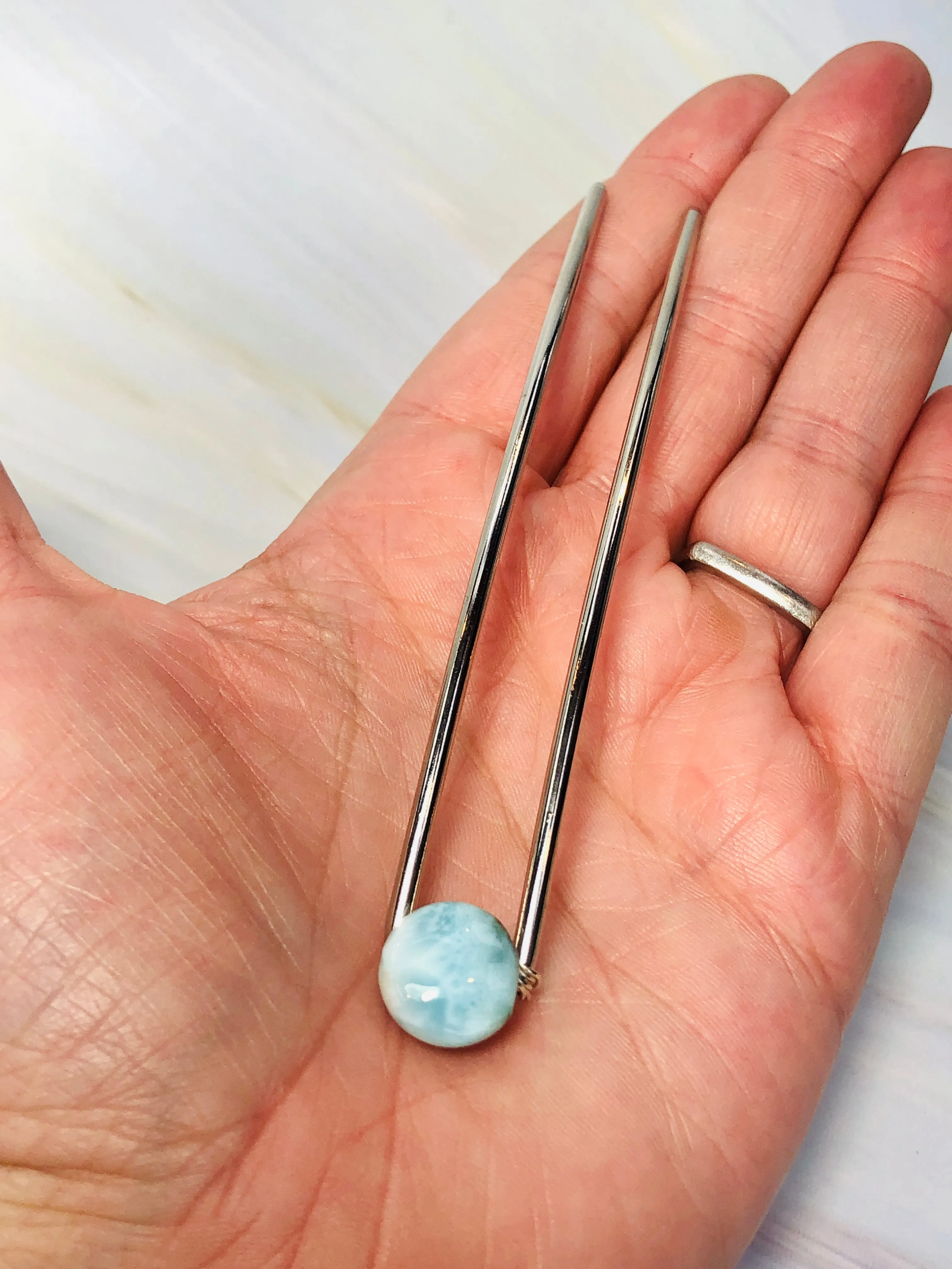 Genuine Larimar Gemstone Hair Pin, Luxury Hair Pin, Ocean Blue Larimar Hair Fork, Wedding hair stick