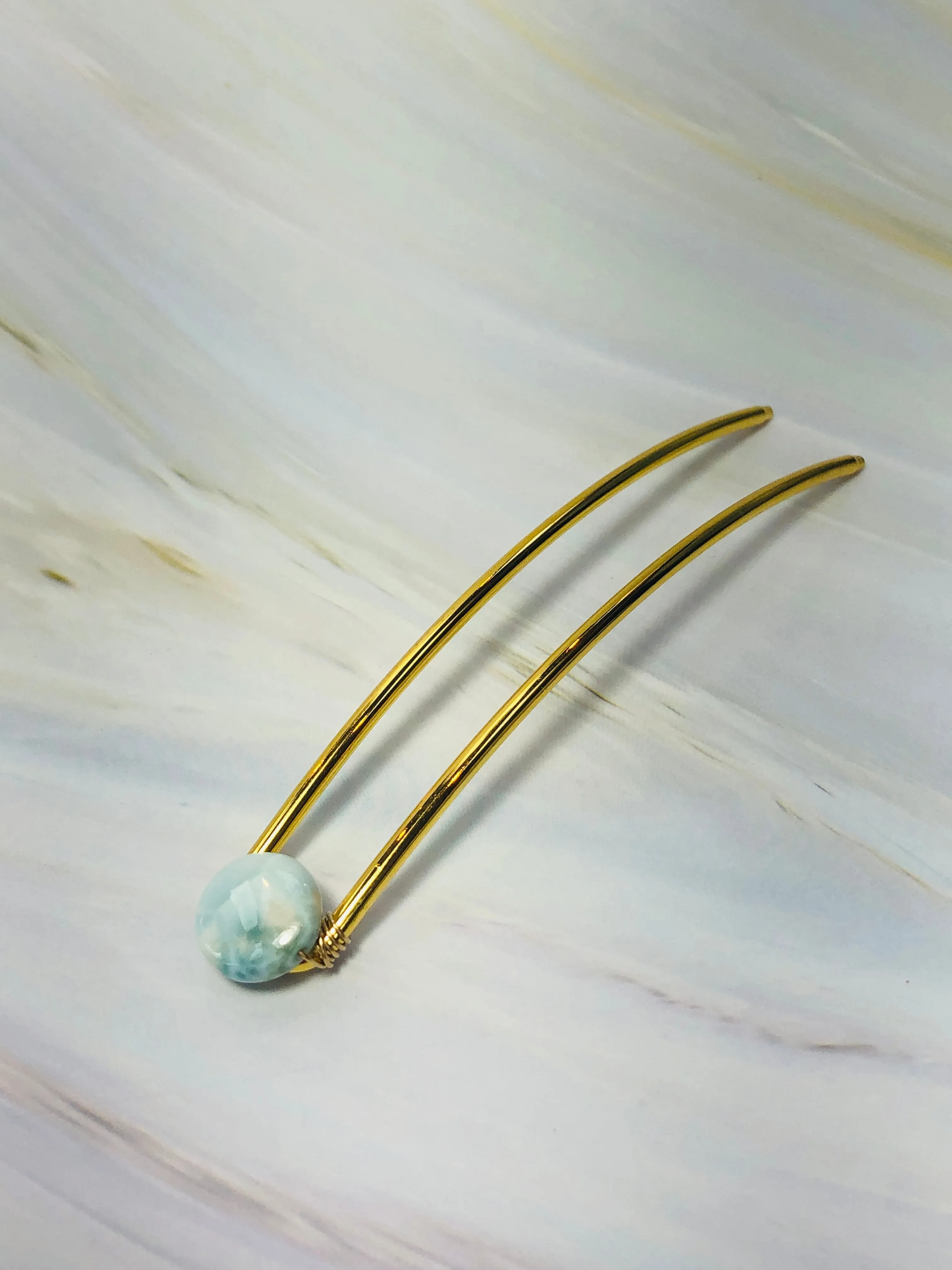 Genuine Larimar Gemstone Hair Pin, Luxury Hair Pin, Ocean Blue Larimar Hair Fork, Wedding hair stick