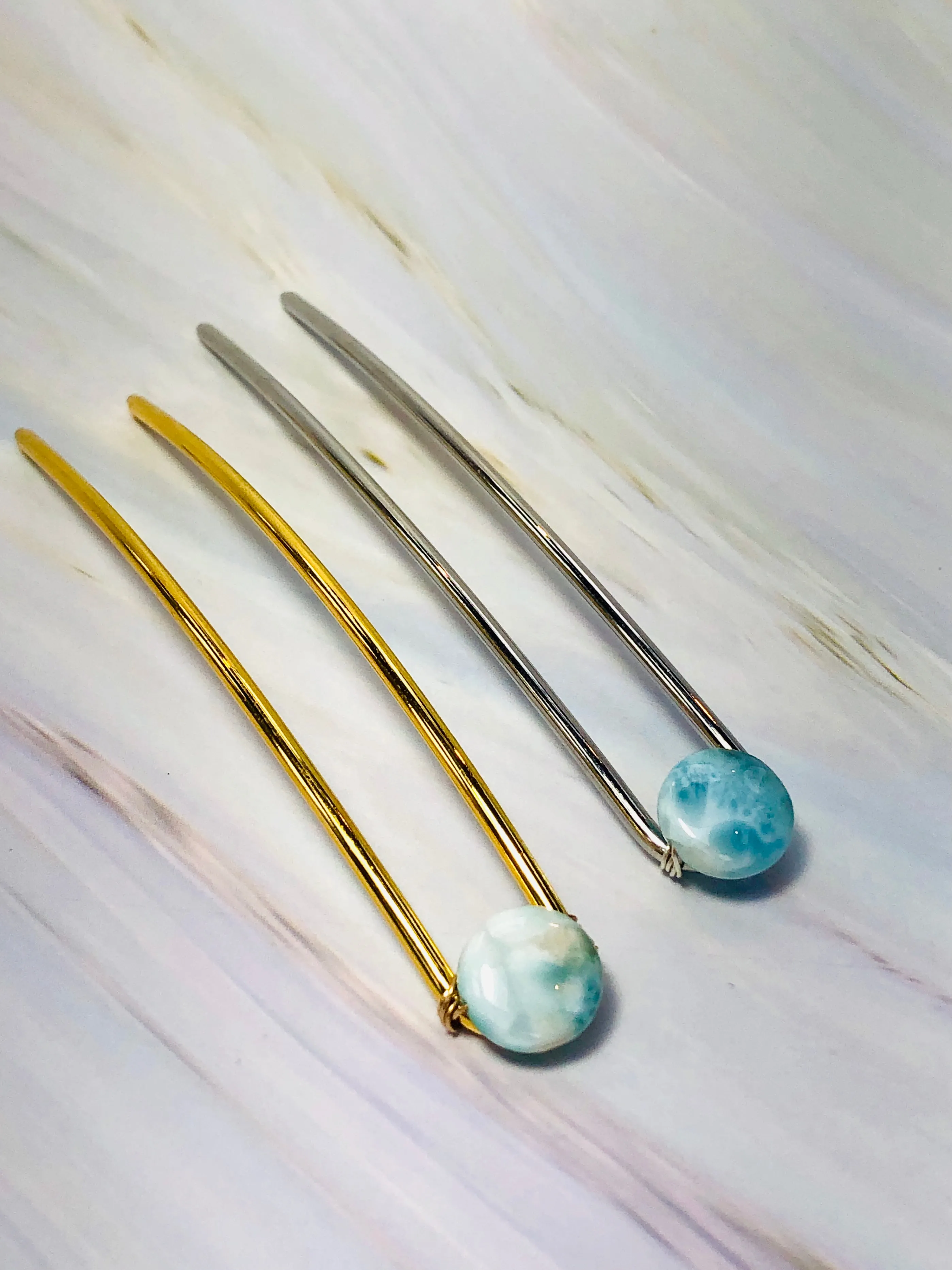 Genuine Larimar Gemstone Hair Pin, Luxury Hair Pin, Ocean Blue Larimar Hair Fork, Wedding hair stick