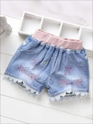 Girls Bedazzled Bows Embroidered Hem Denim Shorts