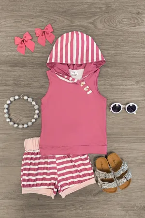 Hooded Mauve & White Striped Lounge Short Set