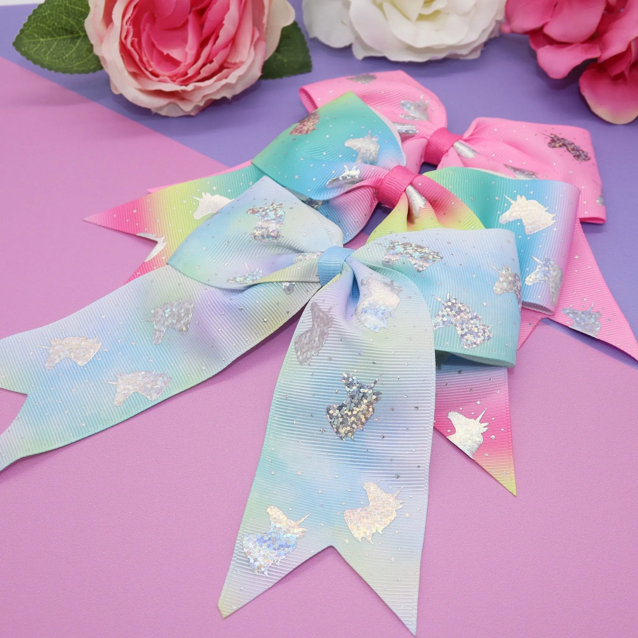 Large Unicorn Glitter Bows - 4 Pack