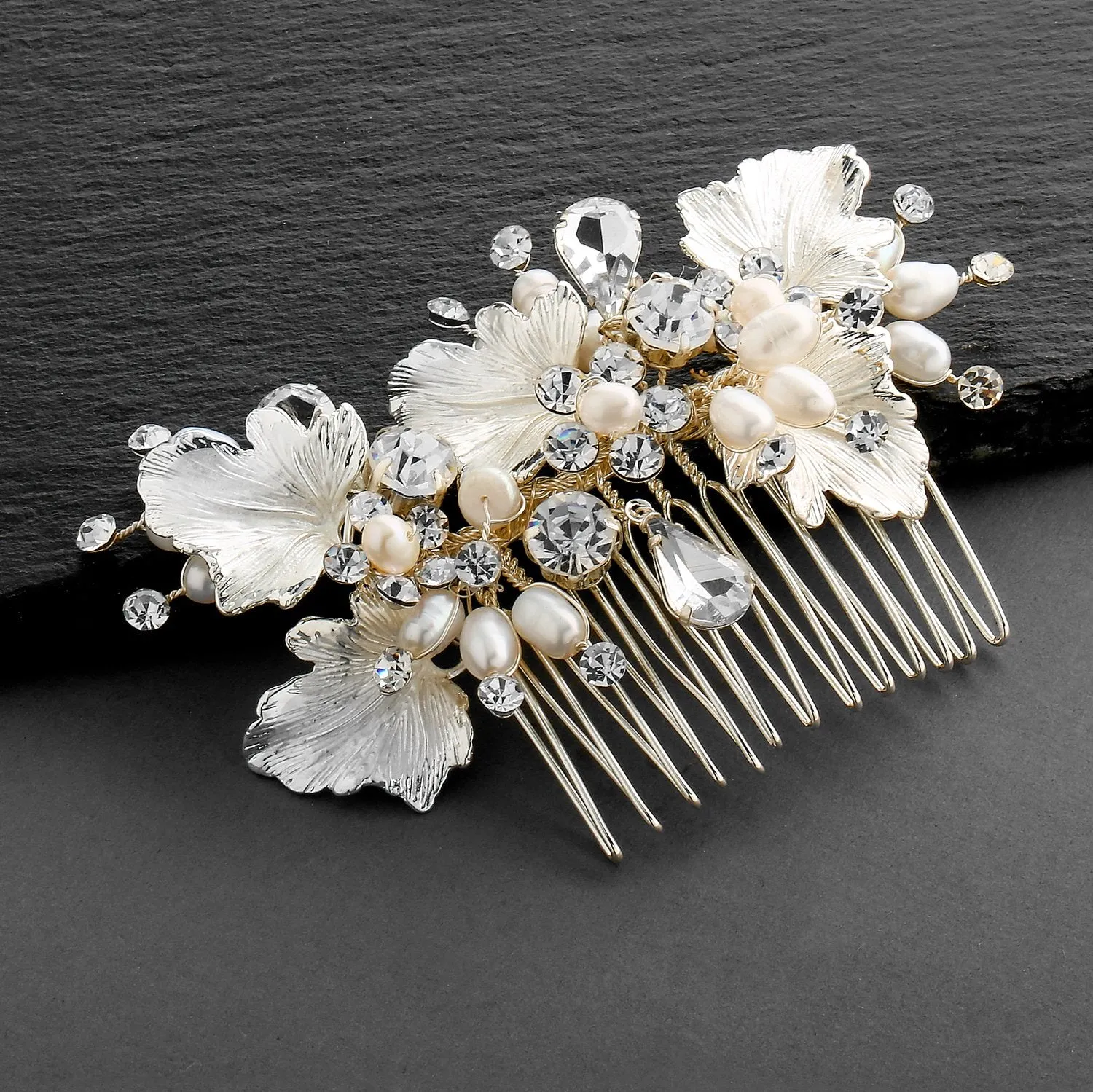 Mariell Couture Bridal Hair Comb with Hand Painted Gold Leaves, Freshwater Pearls and Crystals