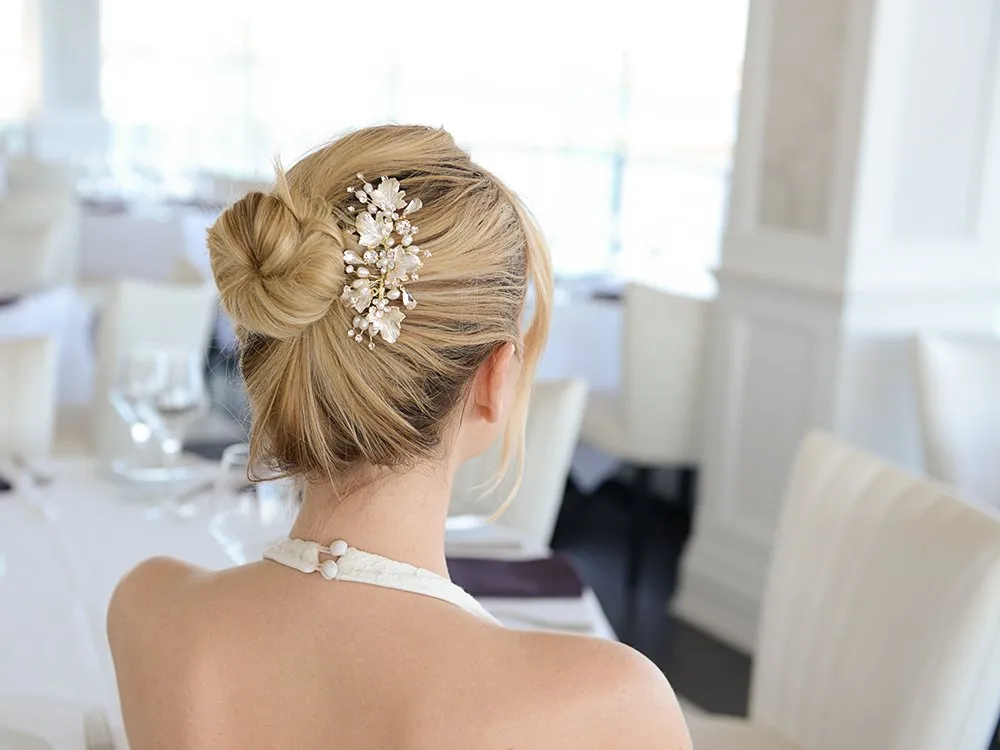 Mariell Couture Bridal Hair Comb with Hand Painted Gold Leaves, Freshwater Pearls and Crystals