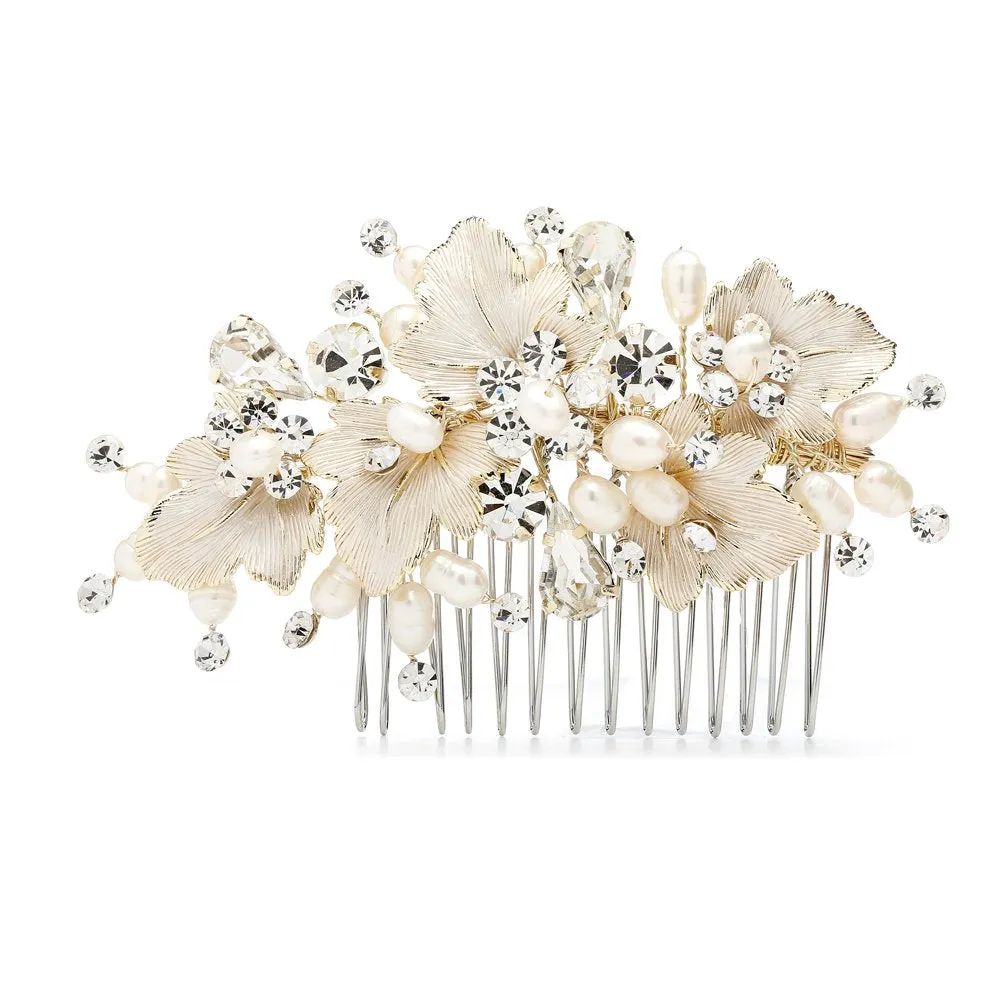 Mariell Couture Bridal Hair Comb with Hand Painted Gold Leaves, Freshwater Pearls and Crystals