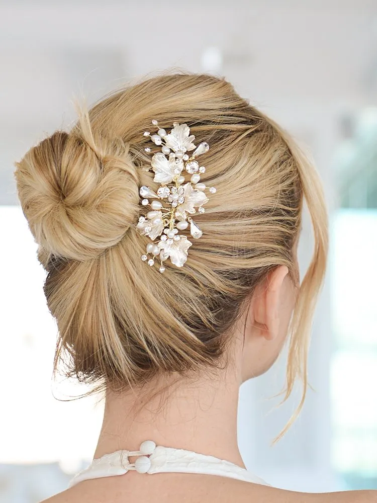 Mariell Couture Bridal Hair Comb with Hand Painted Gold Leaves, Freshwater Pearls and Crystals