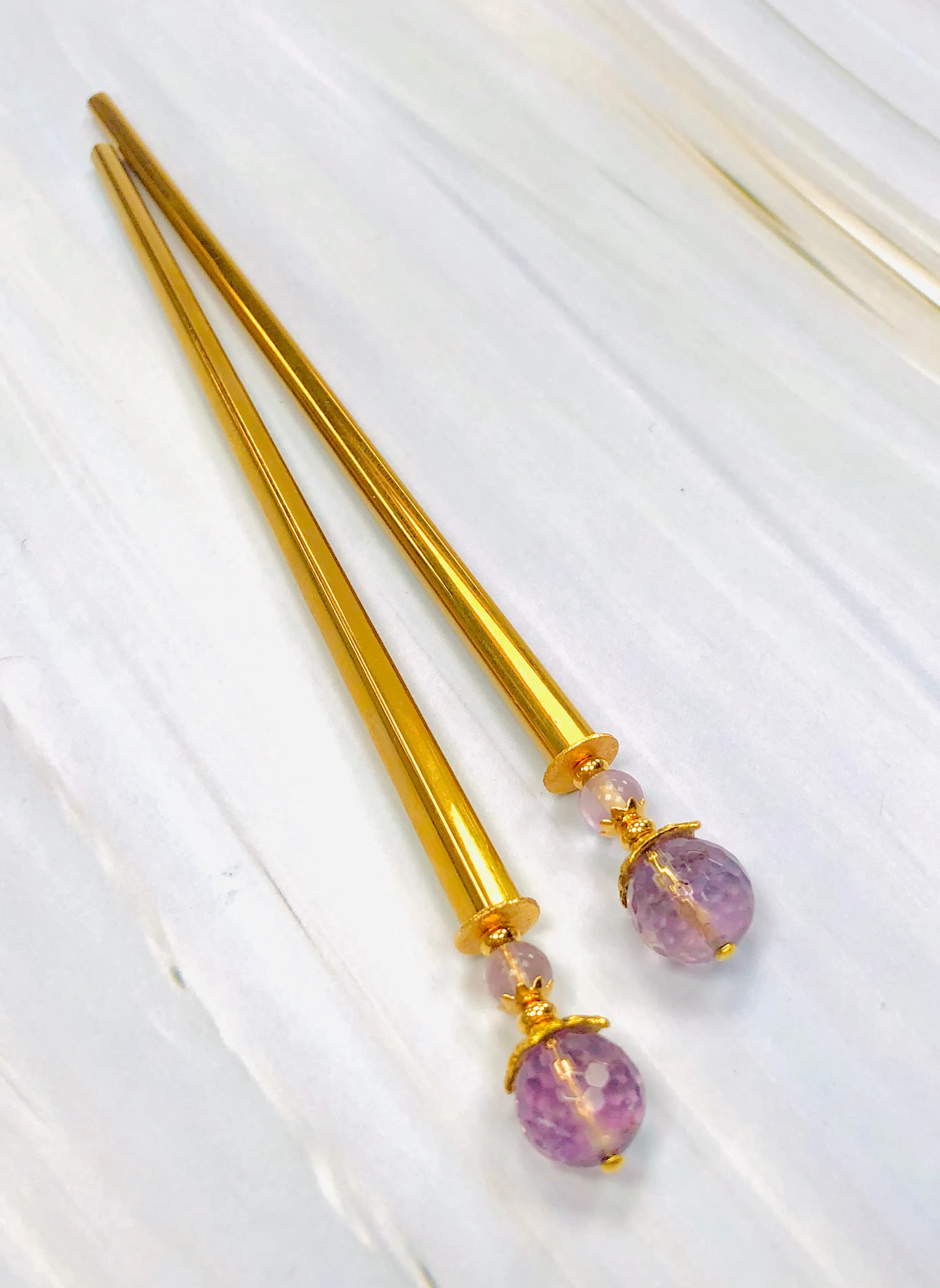 Pink Amethyst Gemstone Hair Sticks, Luxury Gold Hair Pins, gemstone shawl pin