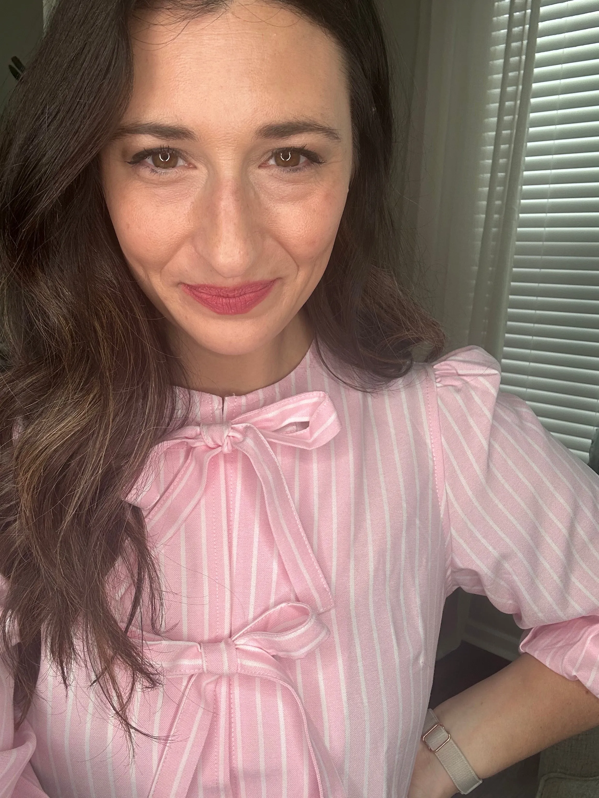 Pink Striped Bow Tie Blouse