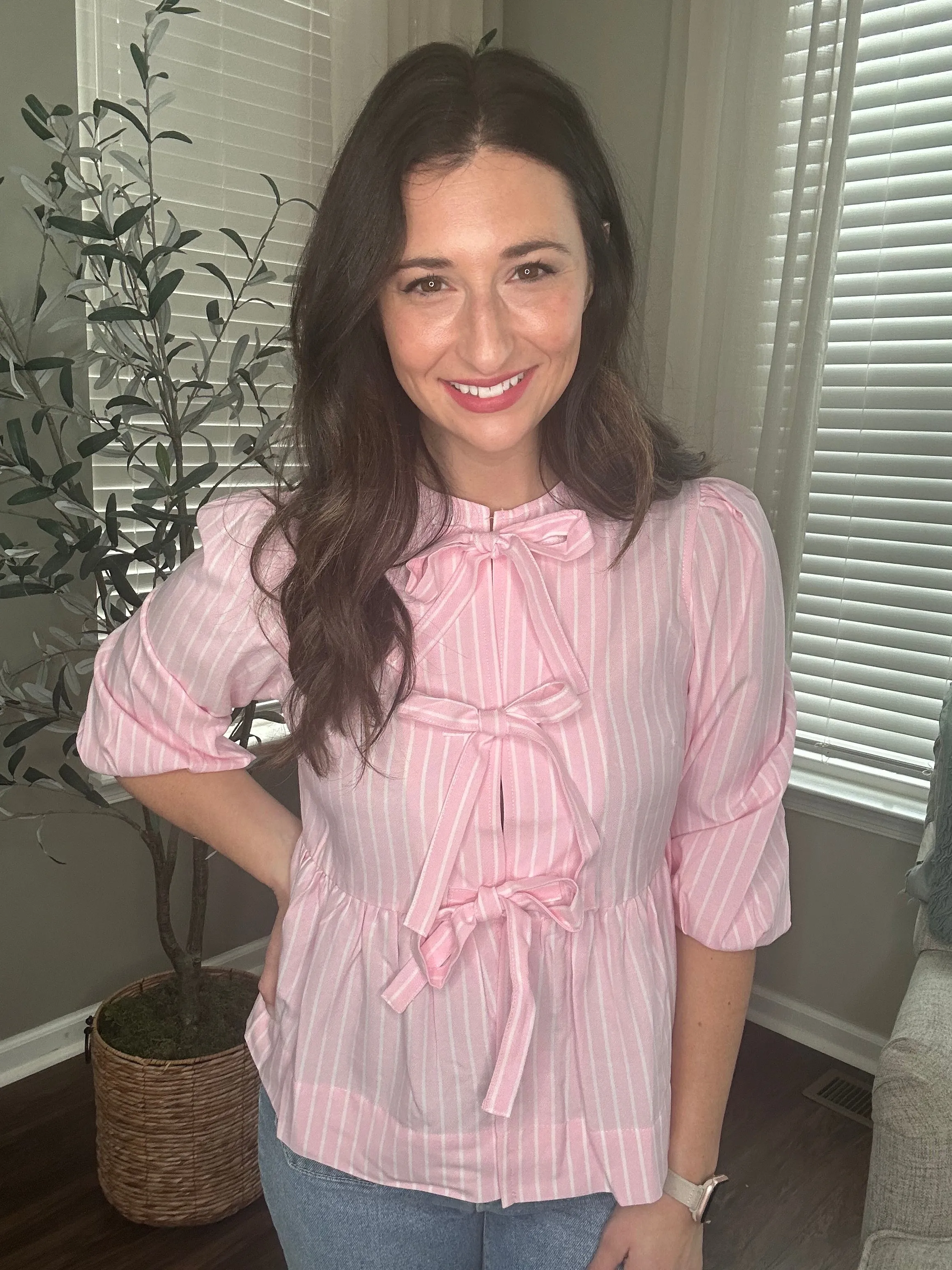 Pink Striped Bow Tie Blouse