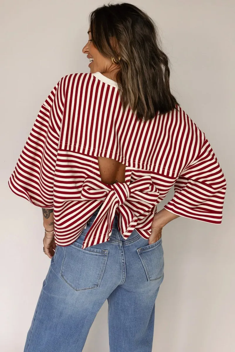 PREORDER! ETA 2/13 Coast To Coast Red Striped Open Back Bow Top **SHIPPING EXPECTED TO BEGIN ON DATE 2/13**